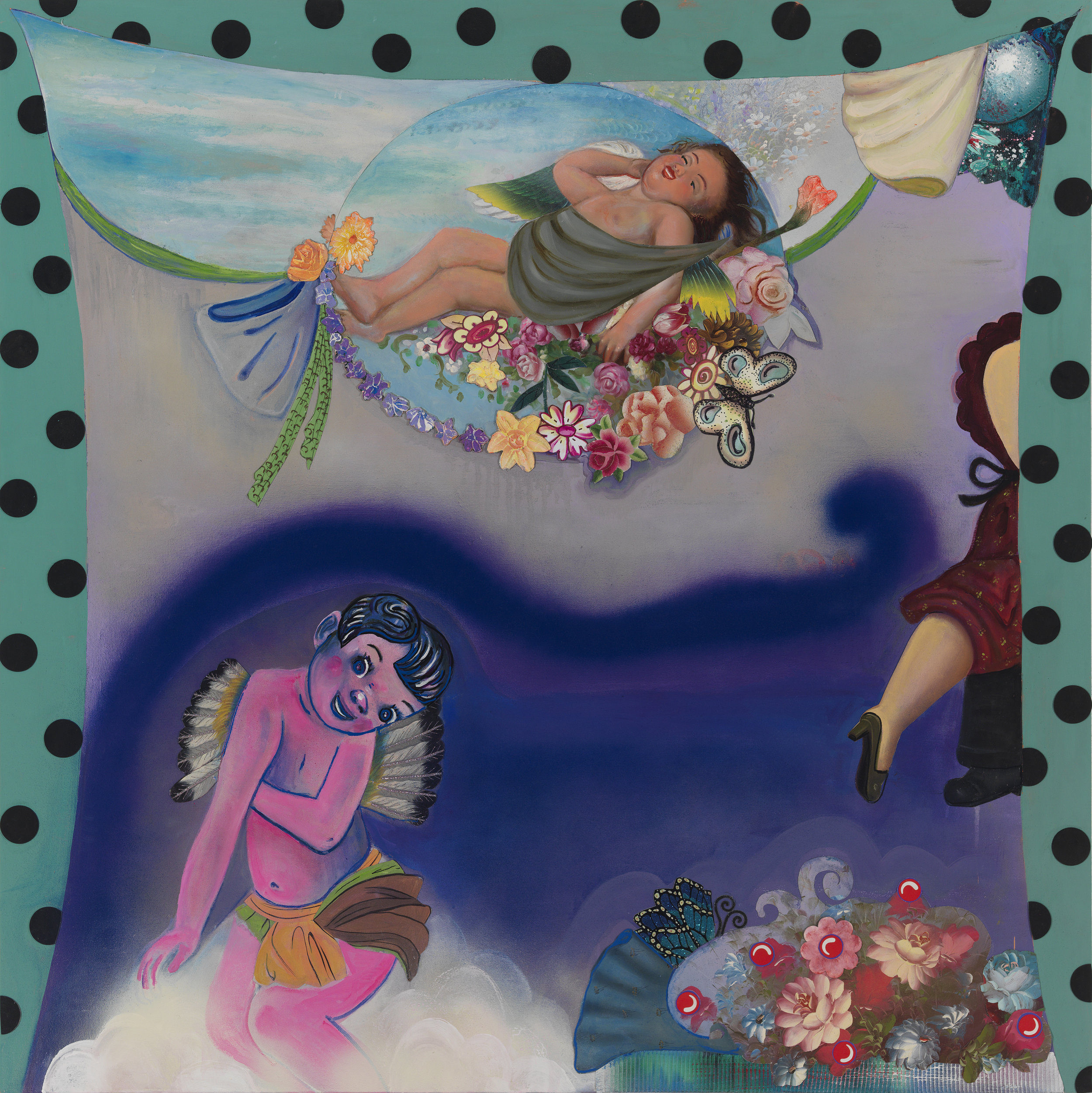 Lazy Cupids (modern love), 48" × 48", mixed media and collage on canvas, 2013