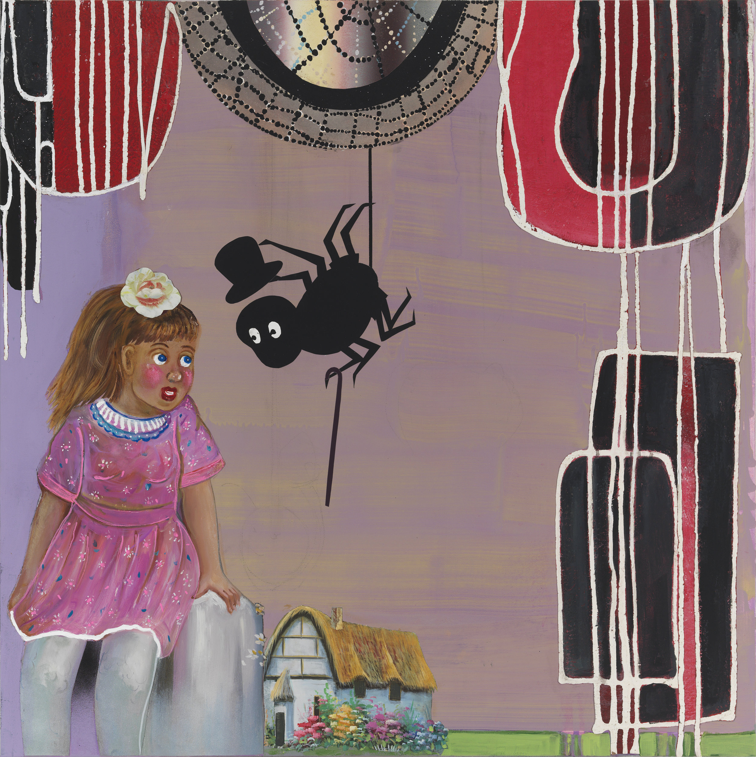 Little Miss Muffet...The Spider Came a Courting, 36" × 36", mixed media and collage on canvas, 2013