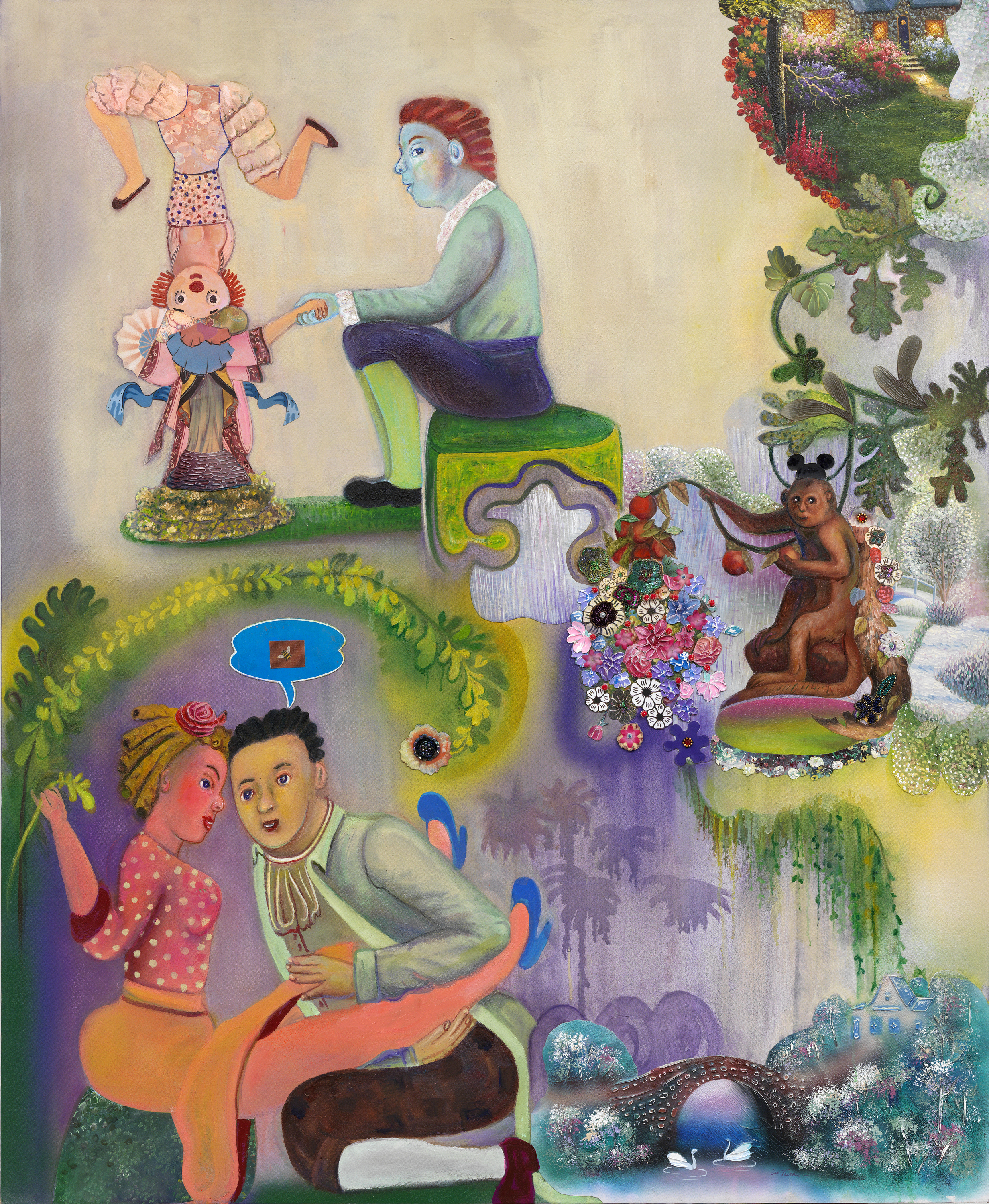 Paramours and Mischief (in the afternoon), 67" × 54", mixed media and collage on canvas, 2011 