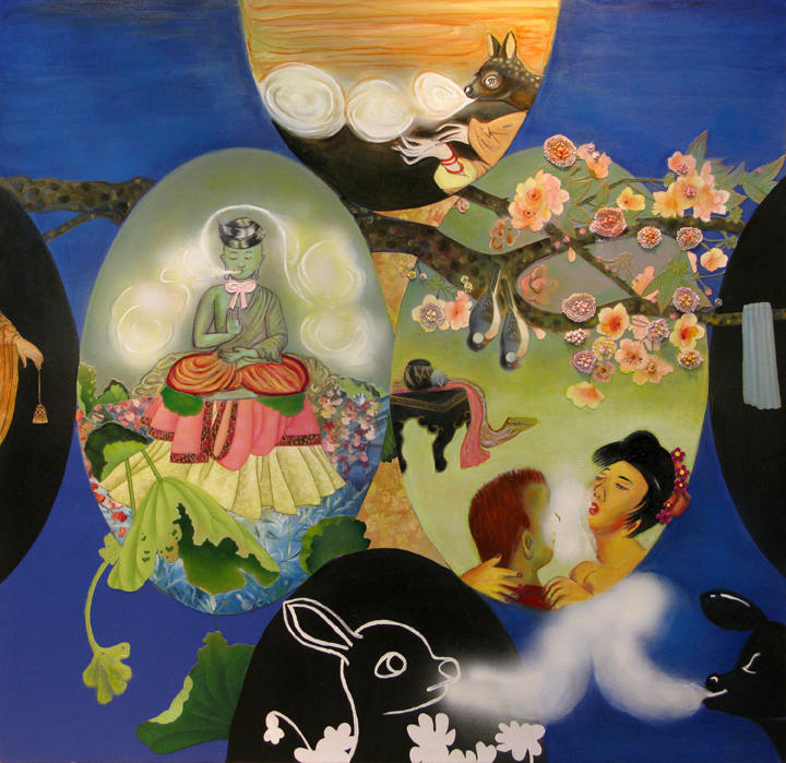 Breathing Lessons, 60" × 60", mixed media and collage on canvas, 2008