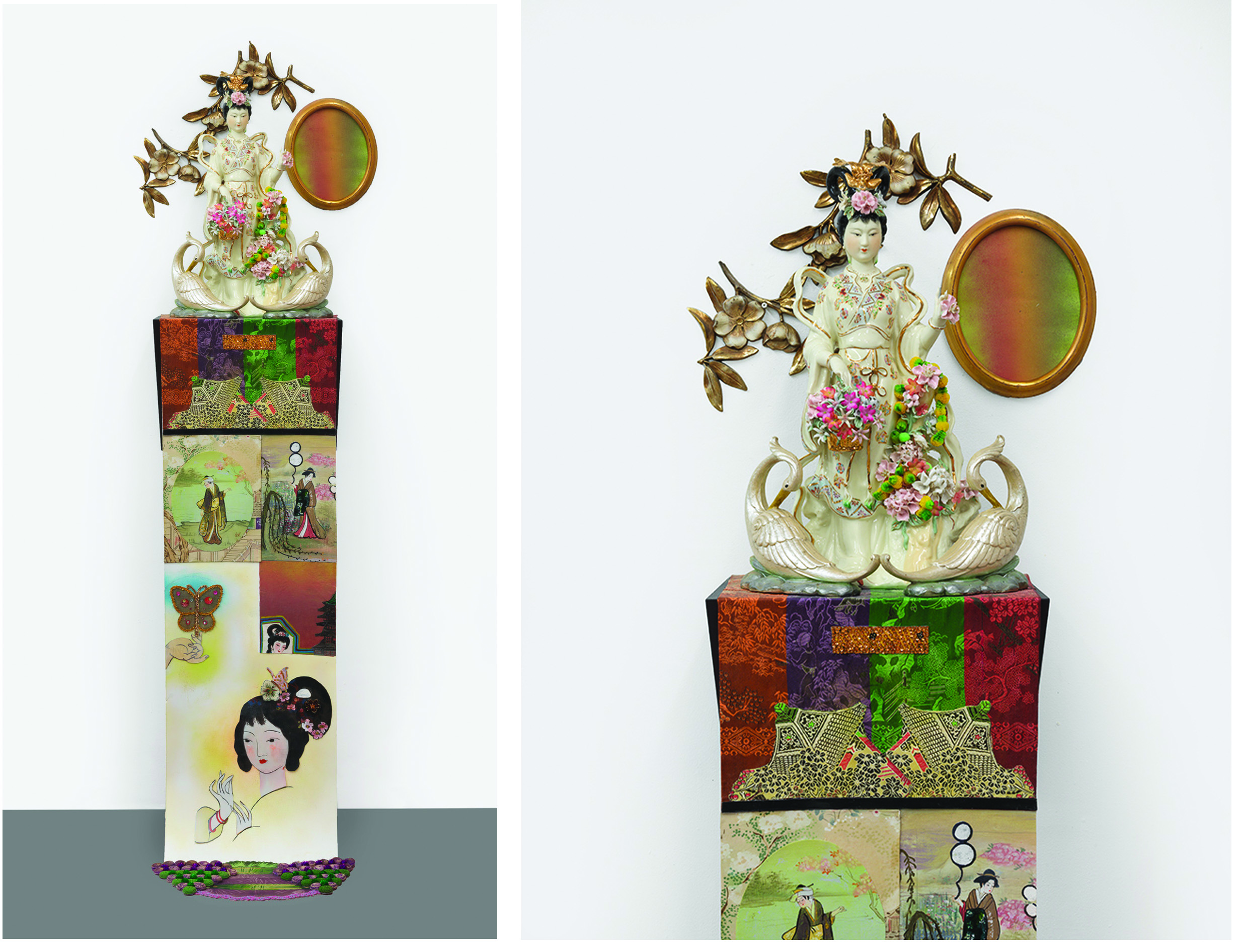 A Glimpse of Paradise, sculpture/objects: 20" × 16" × 13" Scroll: 53" × 16", mixed media, 2015