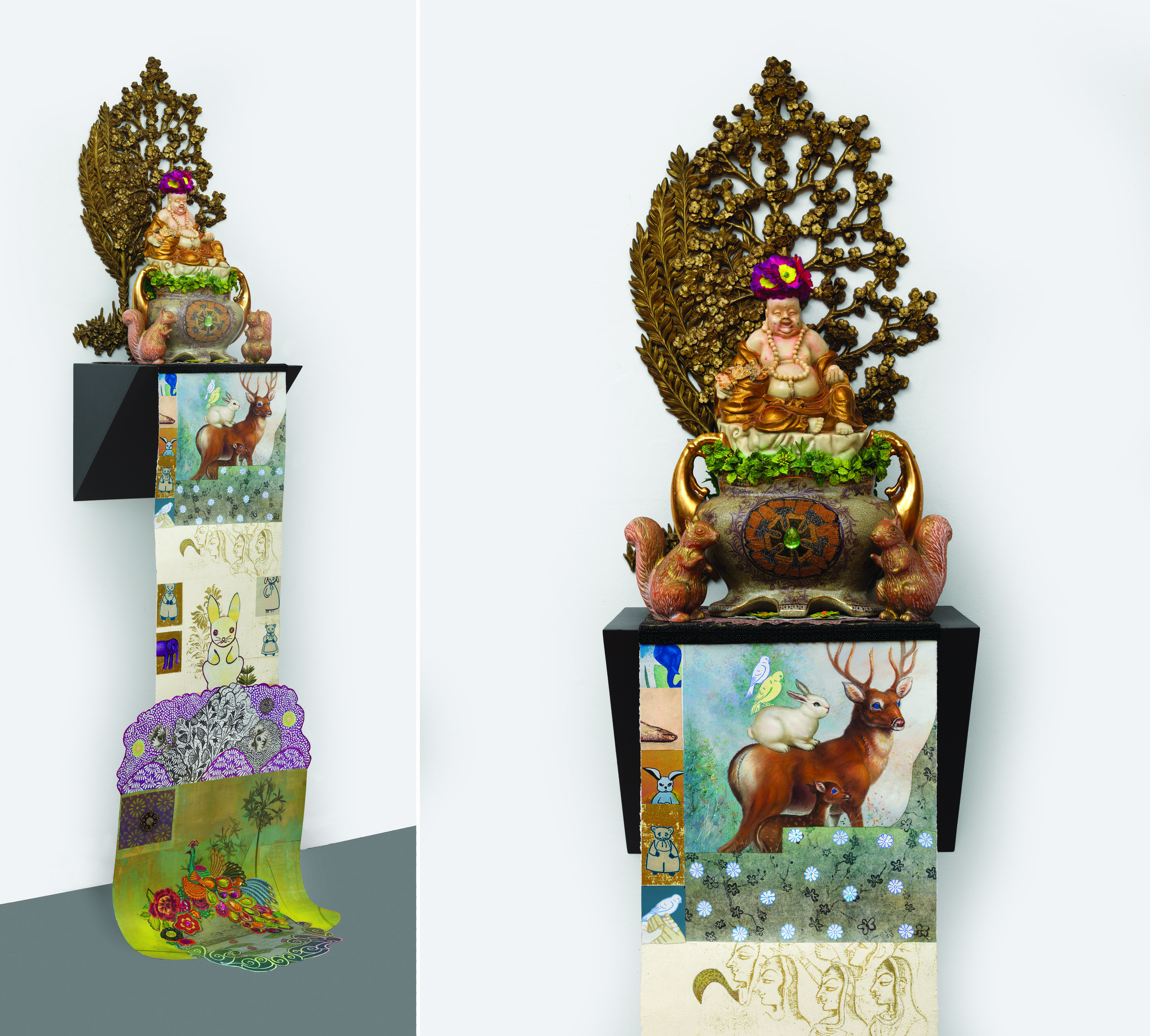 The Good Keeper of the Animals and Birds, sculpture/objects: 30" × 16" × 18" Scroll: 66" × 18", mixed media, 2009 - 2016