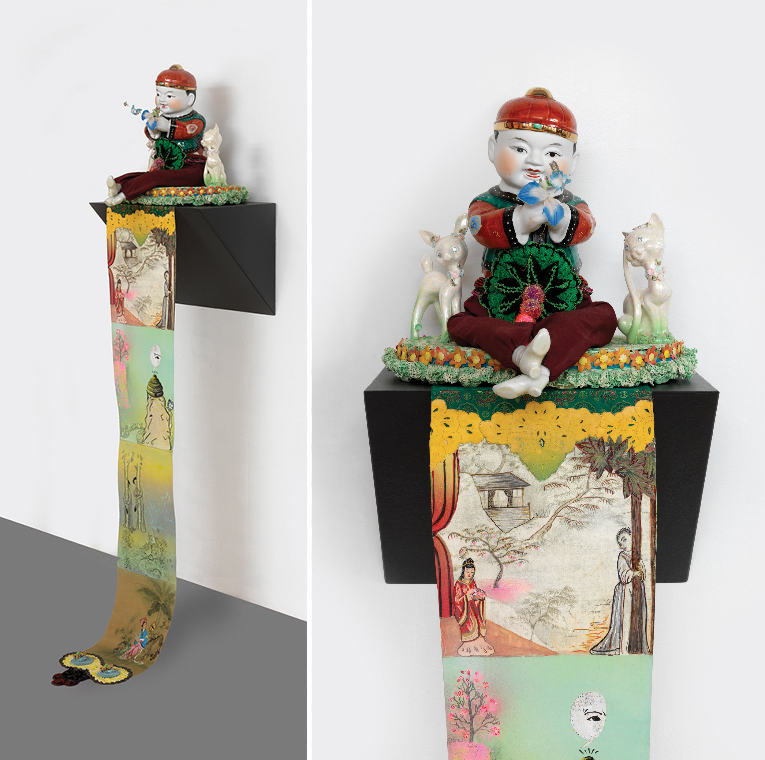 Male-Lovemaking at the end of Springtime, sculpture/objects: 18" × 8" × 18" Scroll: 60" × 10", mixed media, 2006