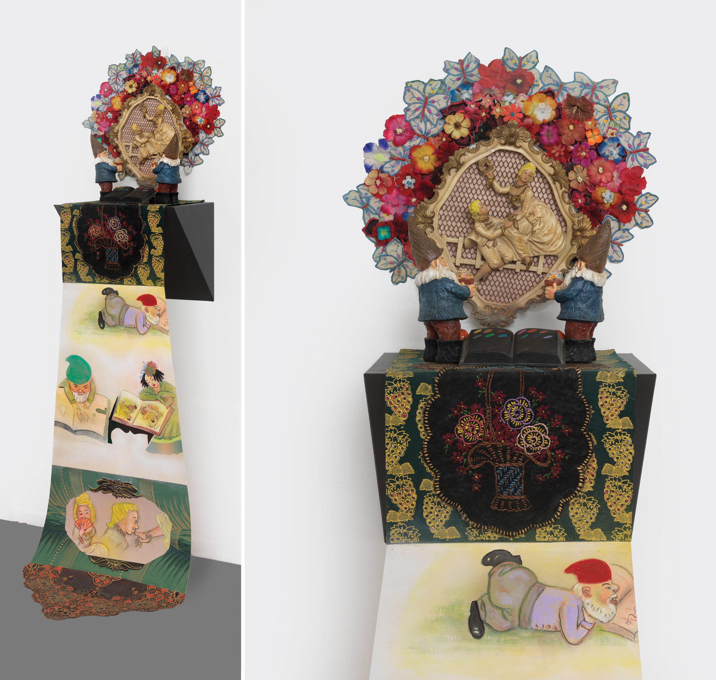 Stories Before Bedtimes (tales of love), sculpture/objects: 21" × 21" × 12" Scroll: 53" × 21", mixed media, 2015