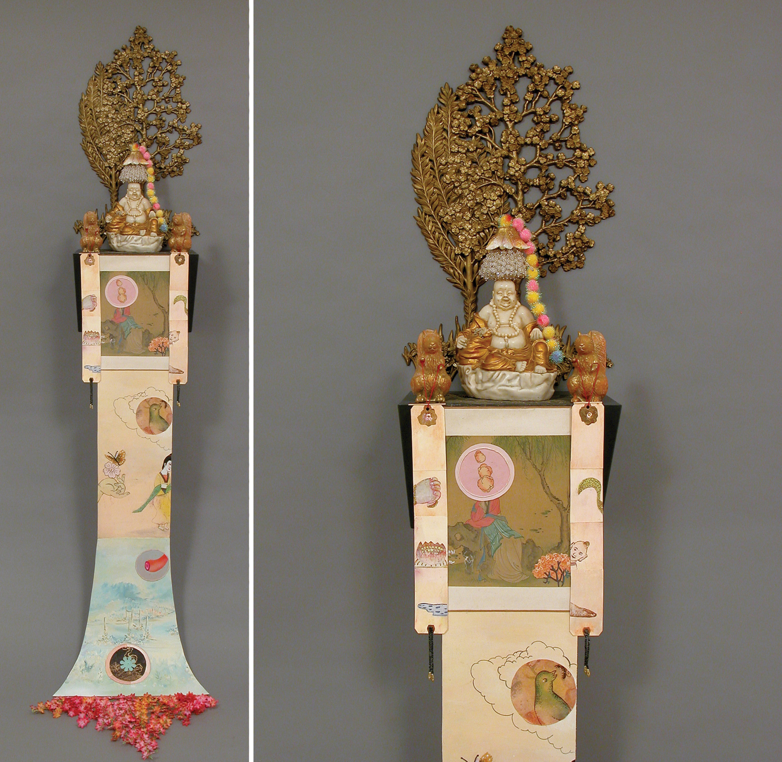 Dreaming of Springtime, sculpture/objects: 14" × 10" × 9" Scroll: 60" × 14", mixed media, 2006