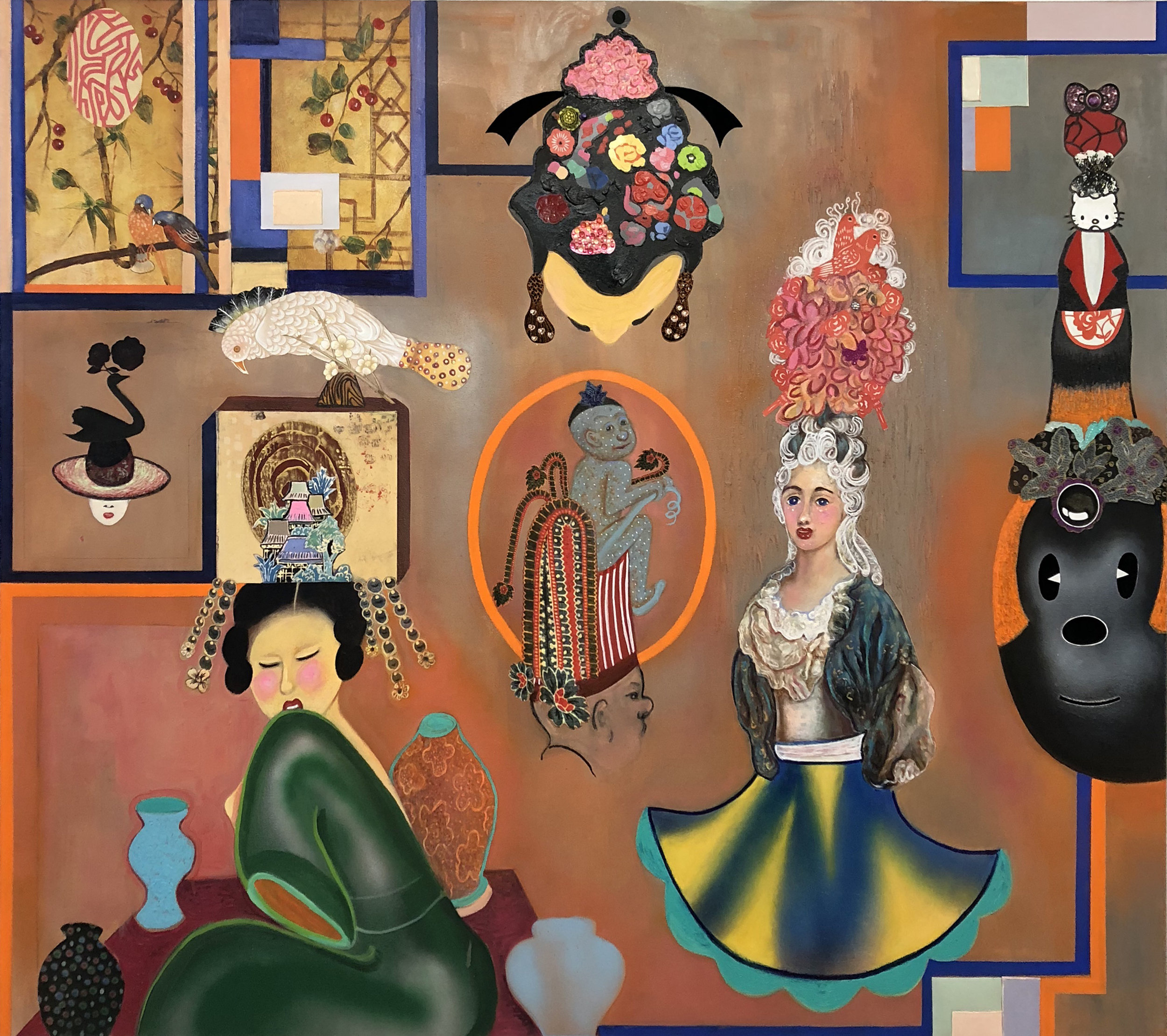 Fascinators, mixed media and collage on canvas, 60" x 70", 2018 