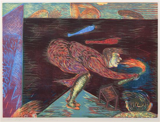 Psychology of Fire (Man), 22" x 29.5", color woodcut on paper, 1983