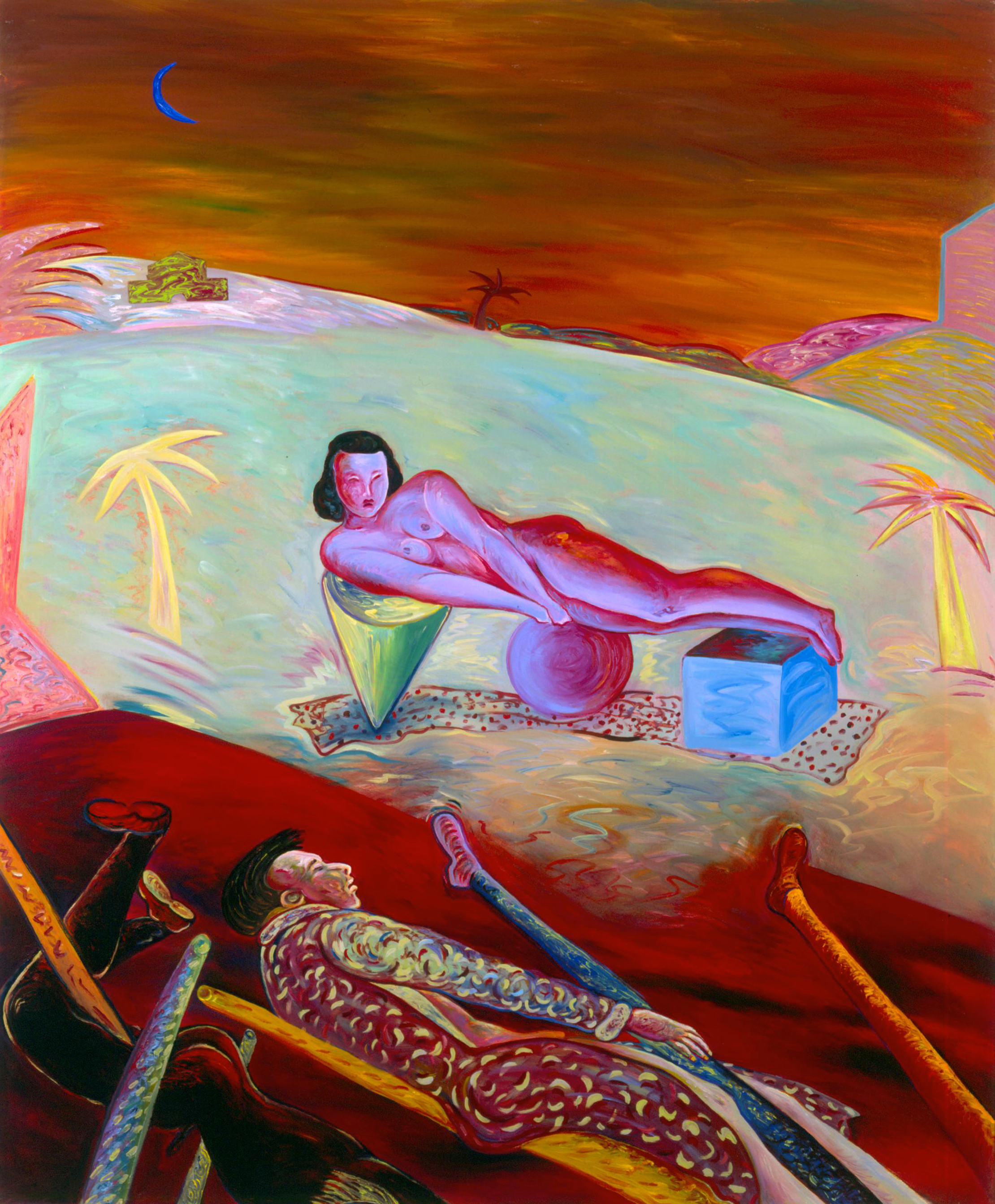 Pink Nude on Cone, Sphere, and Cube, 72.5" × 60.5", oil on canvas, 1985