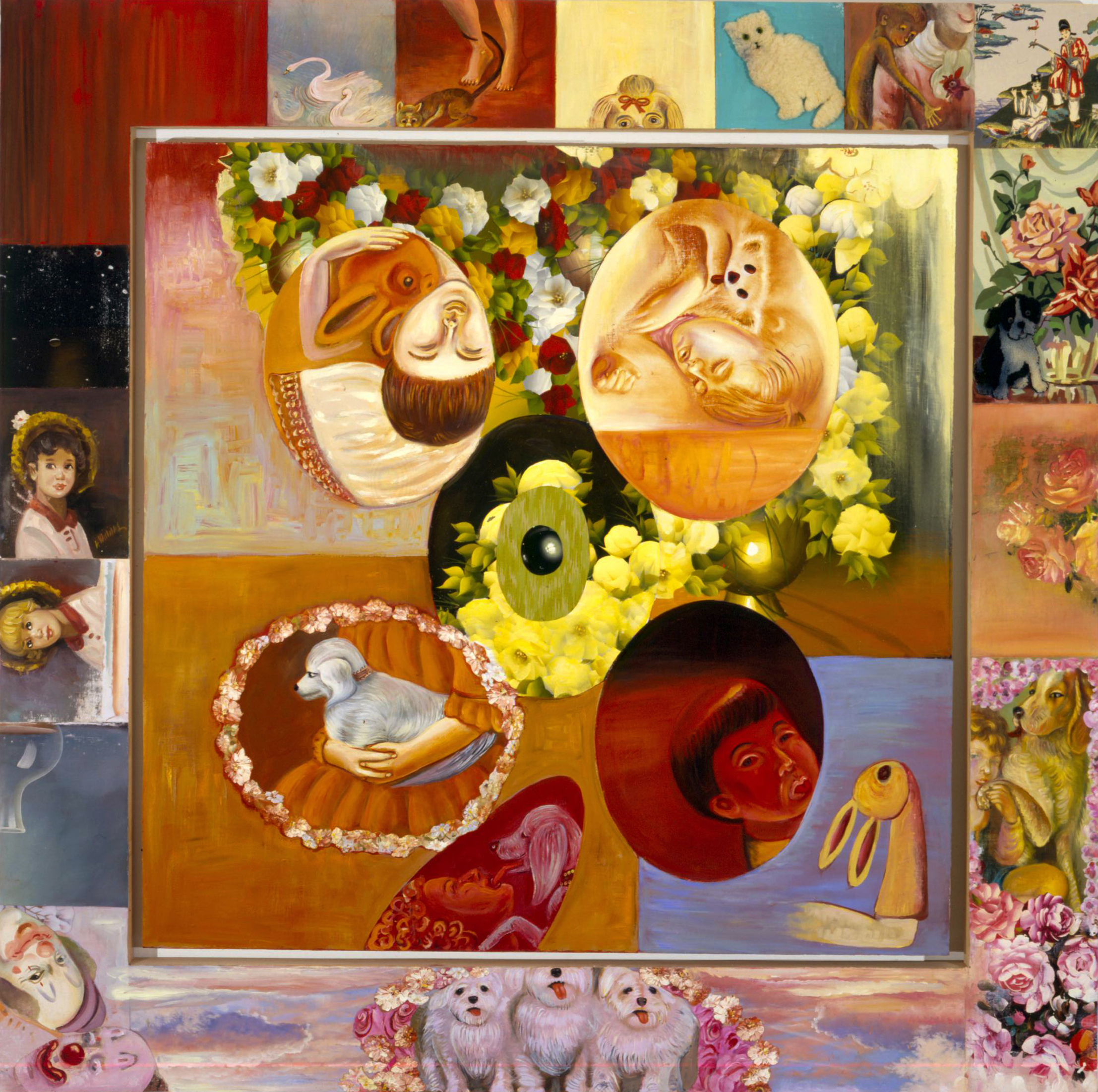 Ilicit Joinings, 68" × 68", oil and collage on canvas, 1994