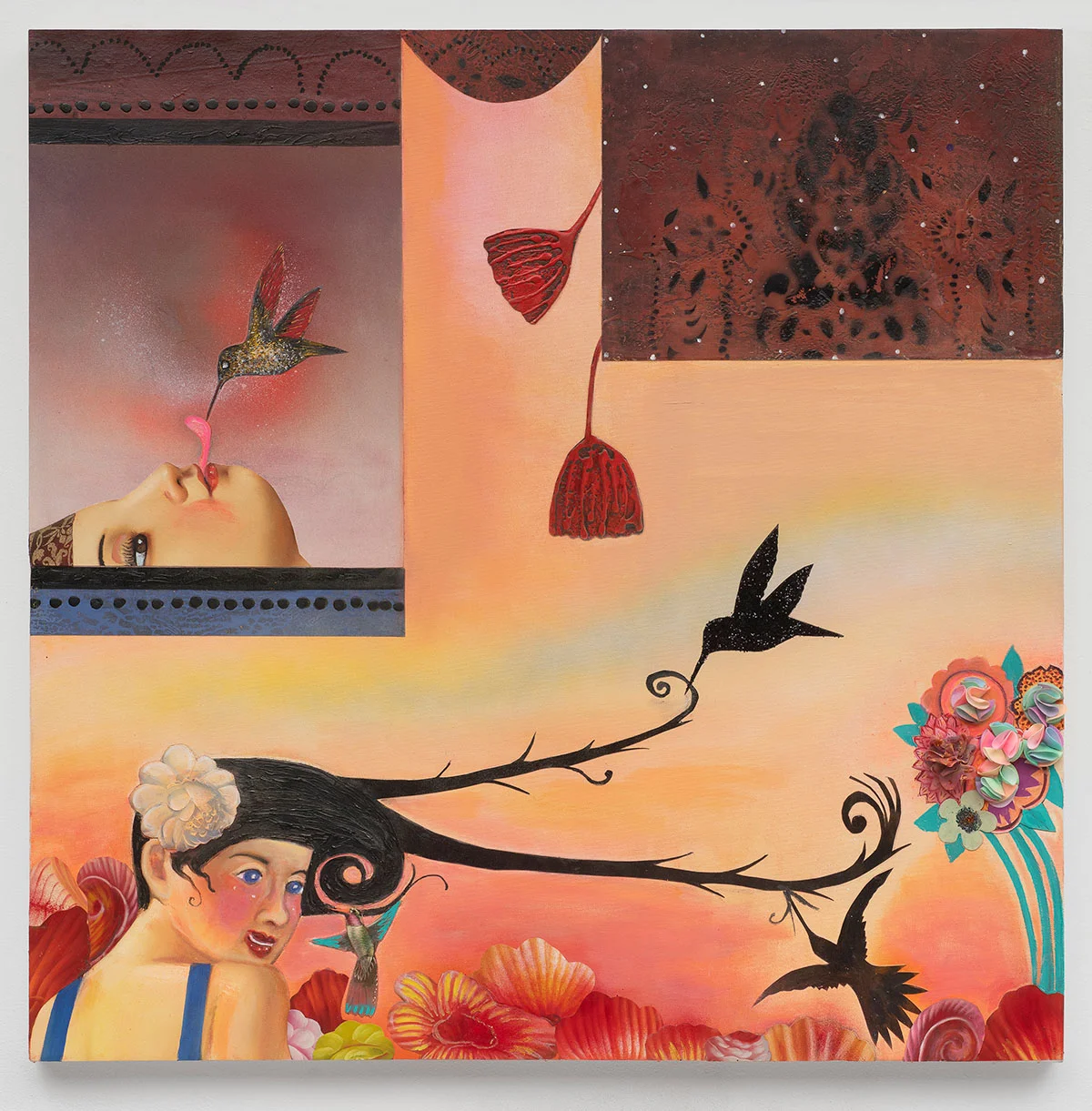 'Hummingbird Love 2', 36 x 36 in, mixed media and collage on canvas, 2019