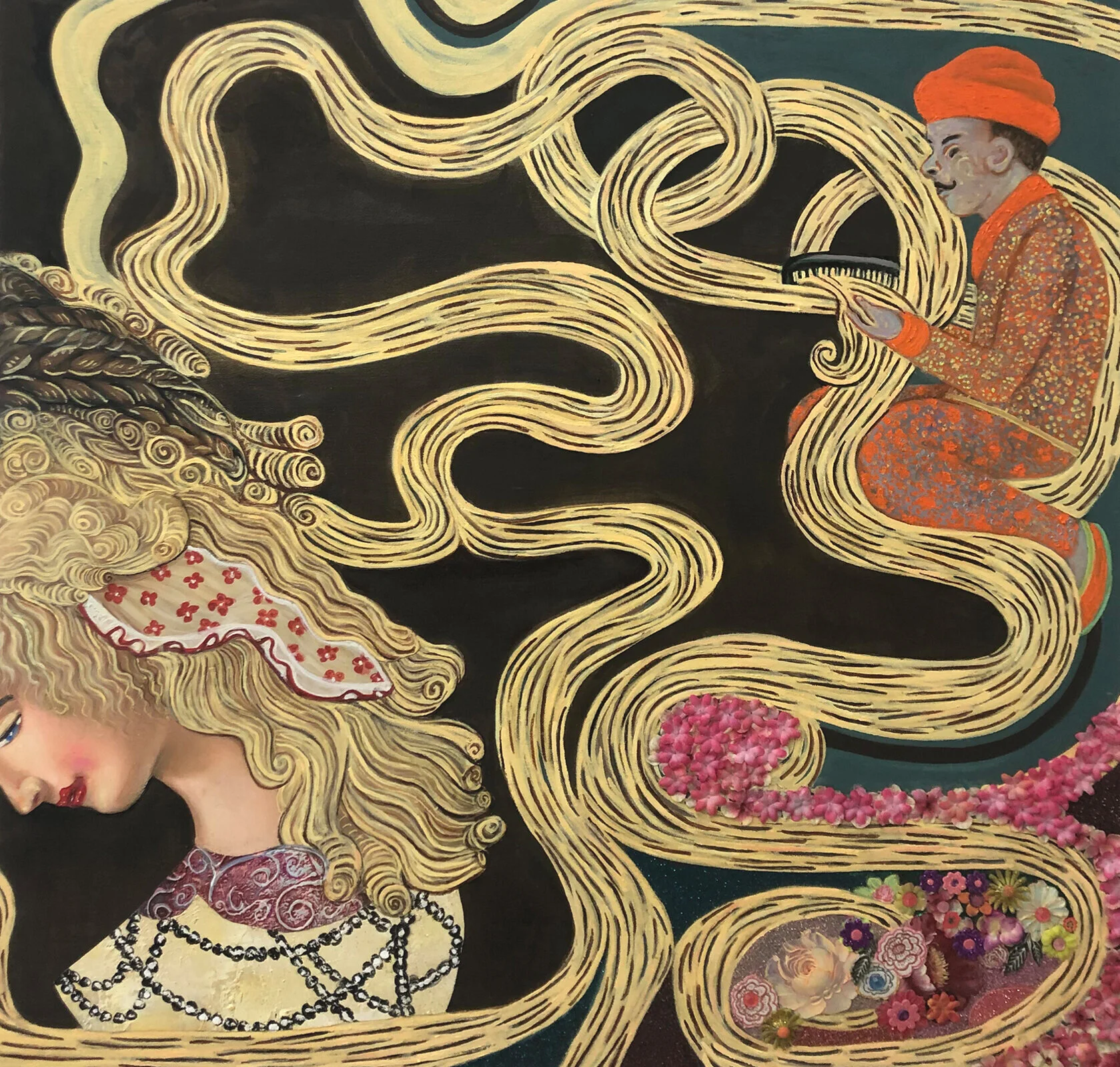 'Rapunzel's Hairdresser Flew in on a Crow', 36 x 36 in, mixed media and collage on canvas, 2019