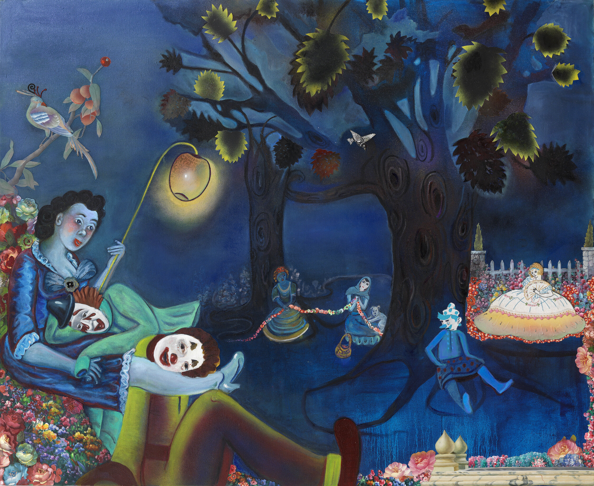 Paramours and Mischief (at night), 54" × 64", mixed media and collage on canvas, 2011