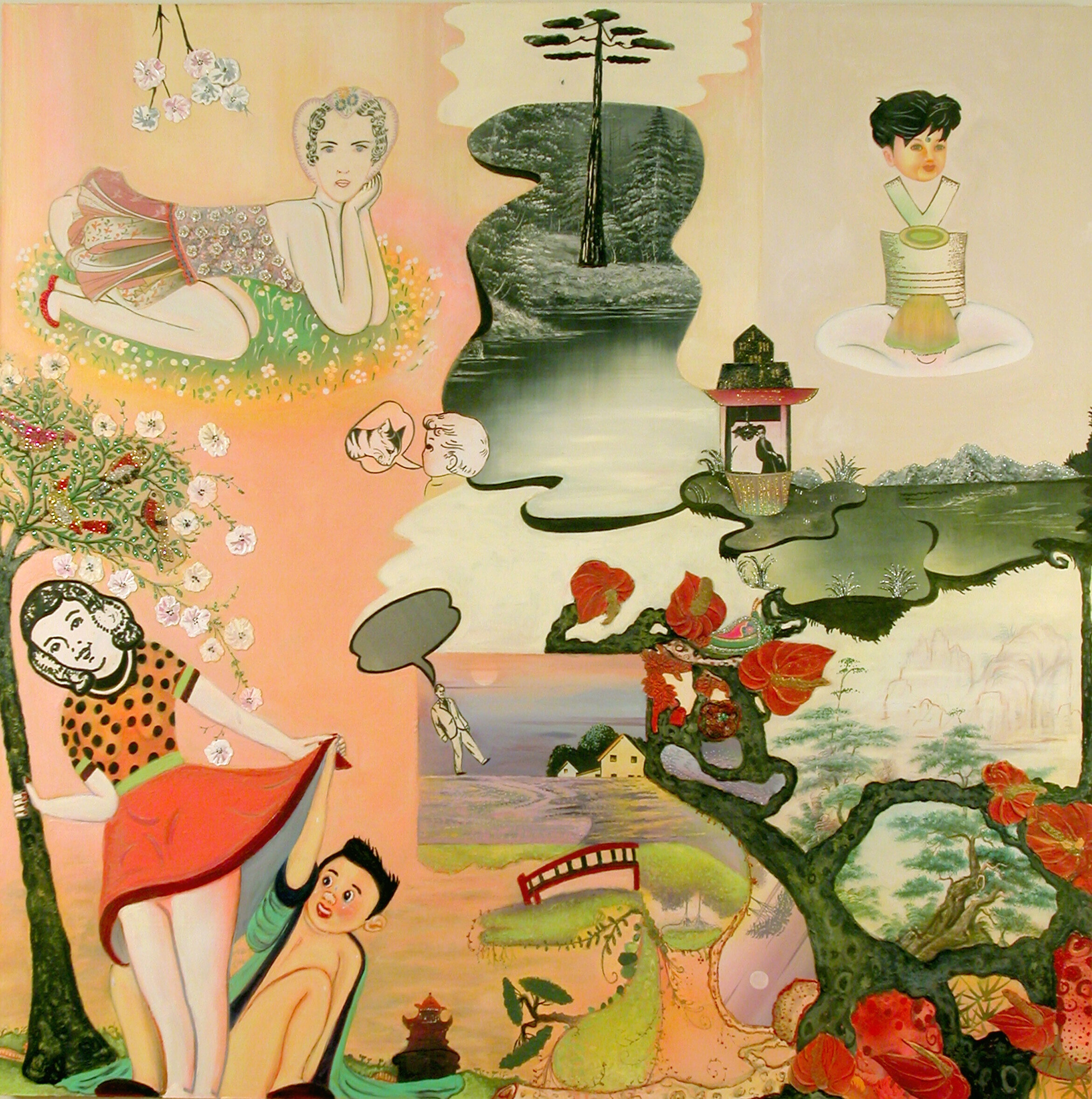 A Glance, a Glare and a Stare, (oh my!), 60" × 60", mixed media and collage on canvas, 2005