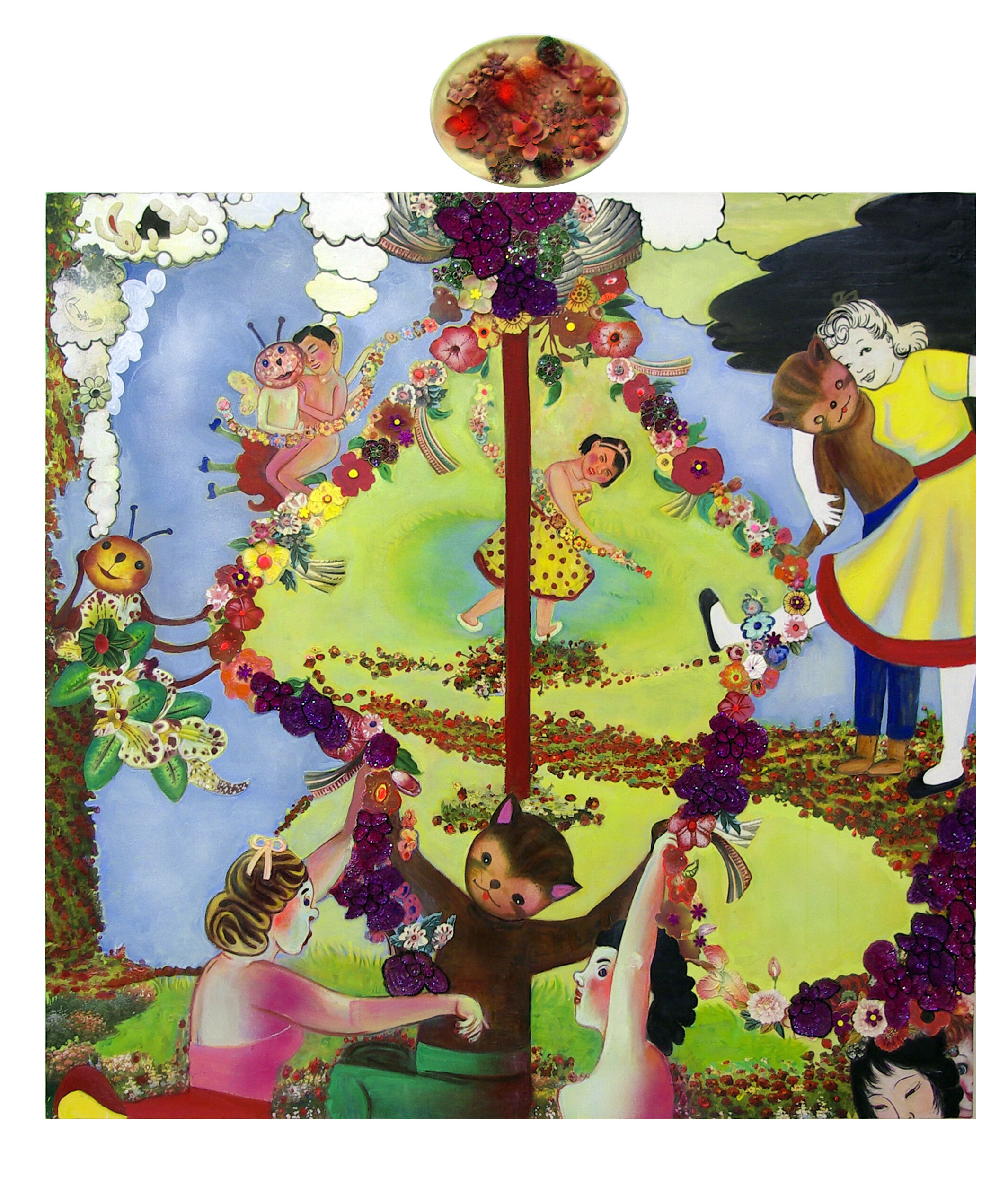 Ring around the Rosie (soon they'll all fall down), 70" × 60", mixed media and collage on canvas, 2008