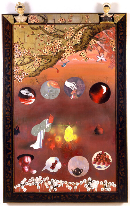 Springtime Picture (Woman Lit by Fire Flies), 68" × 43", mixed media on canvas, 2000