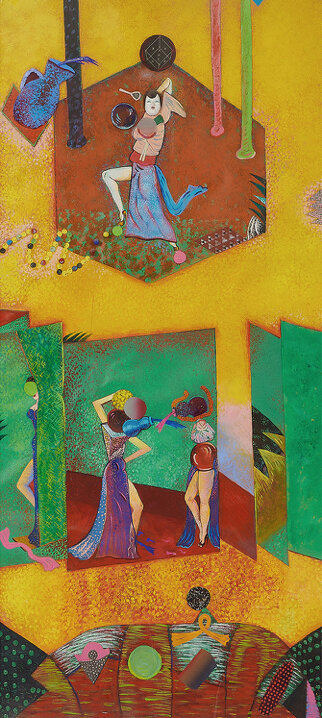 In Support of Trivial Novelties: Apprentice Queen, 70" × 32", oil and collage on canvas, 1981