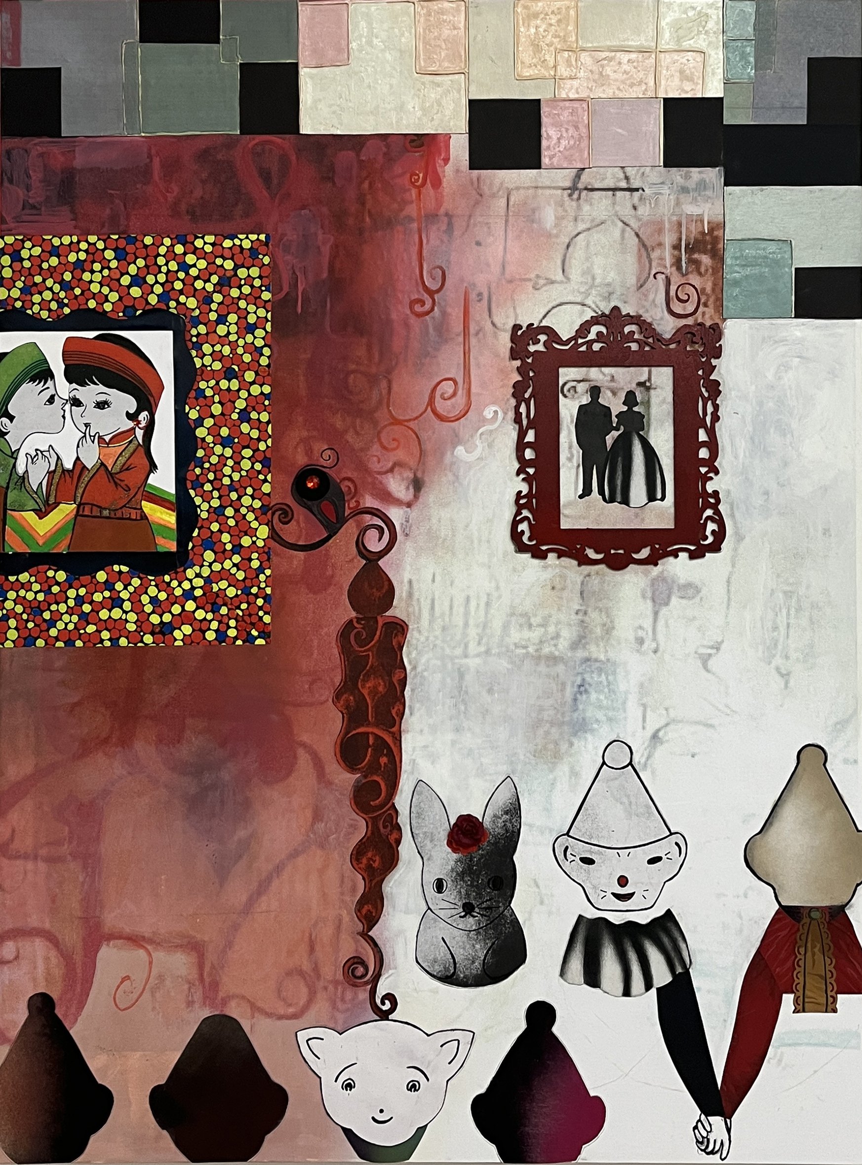 Basic Truths about Romantic Conditions, 48 x 36 in, mixed media, collage, and paint on paper, mounted on panel, 2023