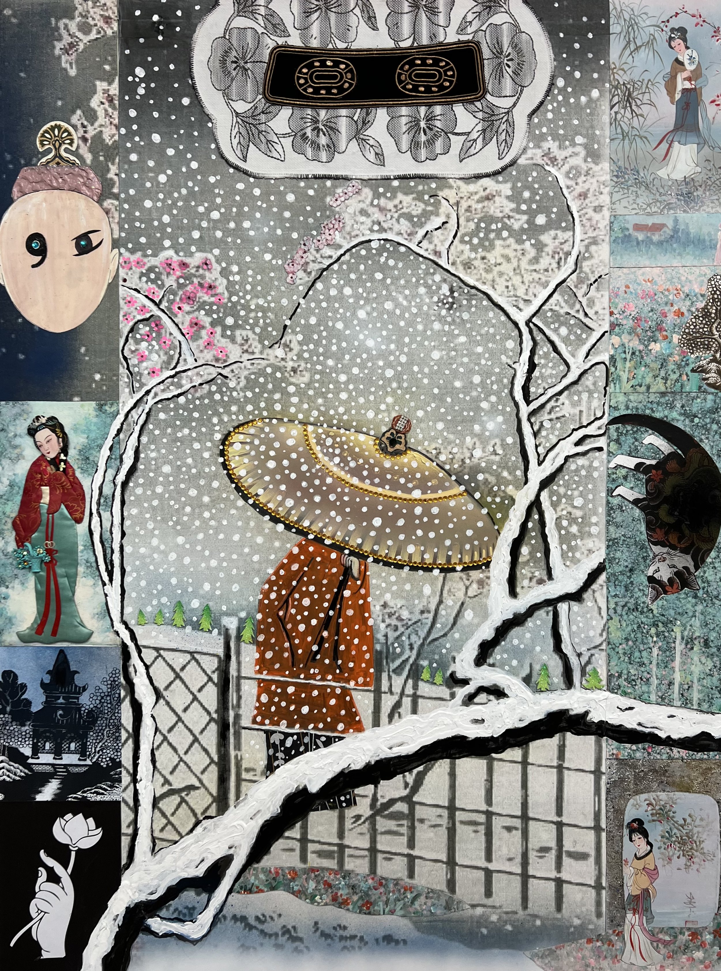 Spring Brings Love, But Like Snowfall, Slowly, Slowly, 48 x 36 in, mixed media and collage on paper, mounted to board, 2024