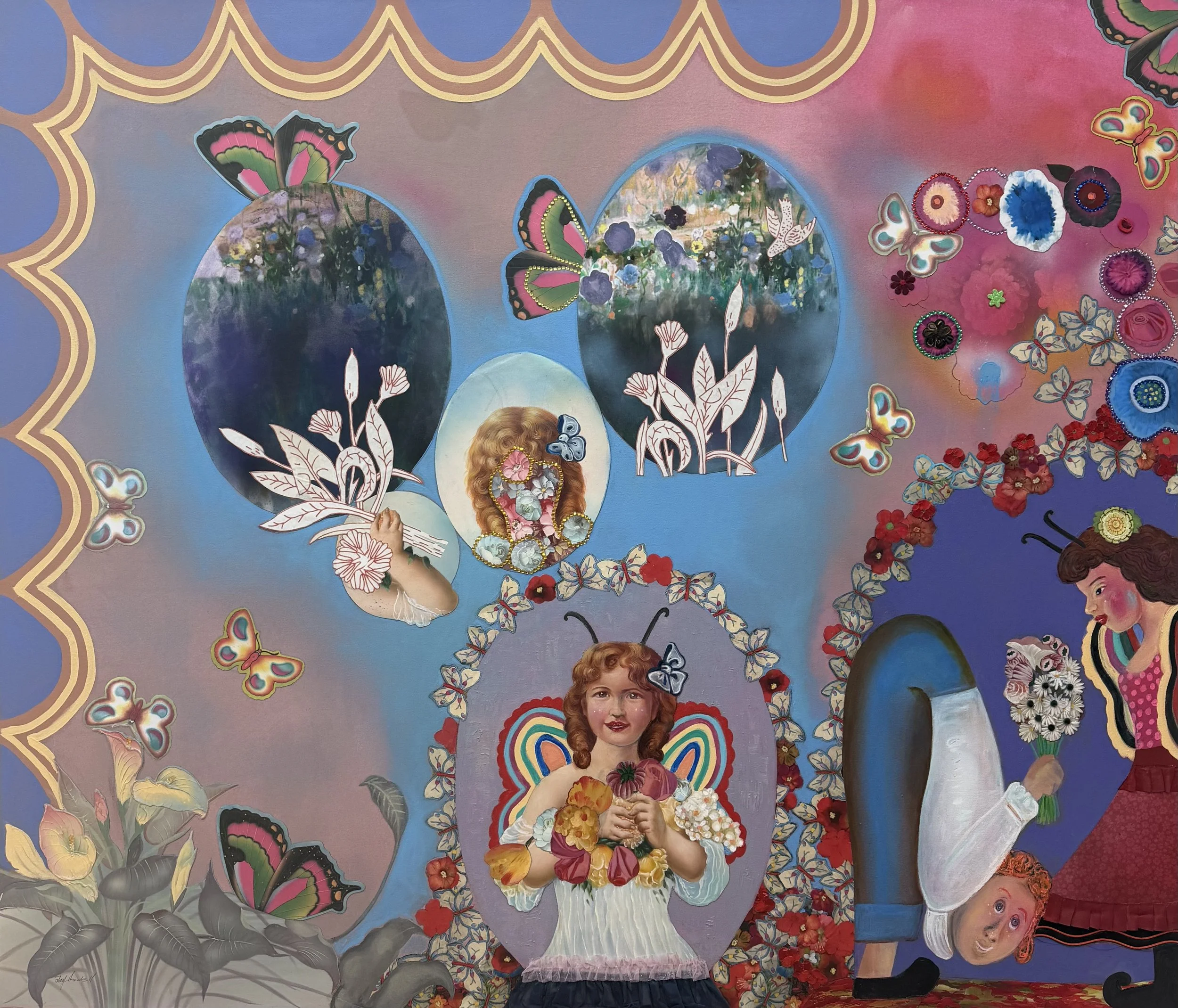 The Bliss of the Picturesque (Romantic Misfits), 60 x 70 in, mixed media and collage on canvas, 2025