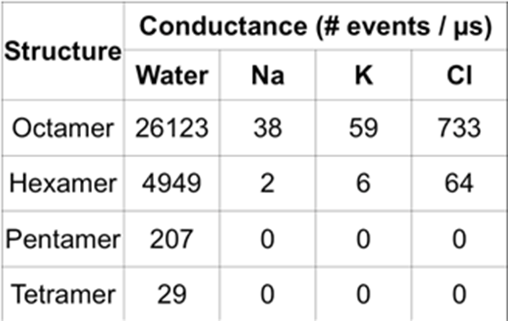Table 1. Conductance analysis data on the higher-order structures. All of the discovered structures except trimer and dimer were subject to a conductance analysis to determine membrane-disruption activity.