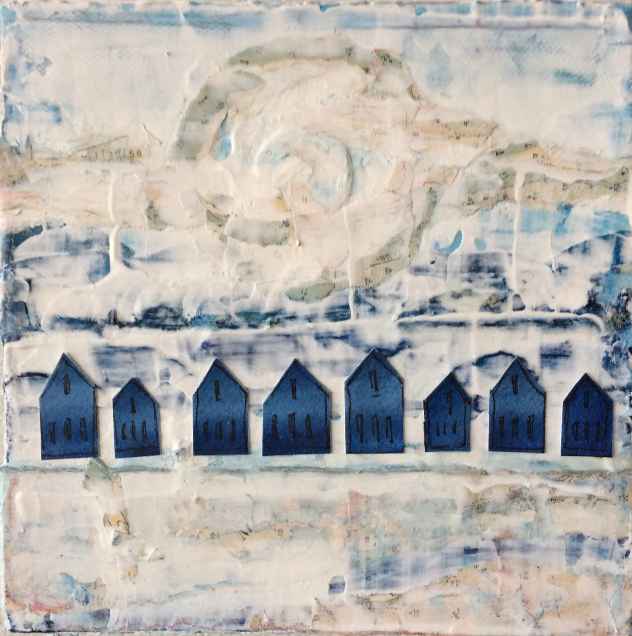 Blue Houses; 6 x 6 x 1.5; mixed media on canvas