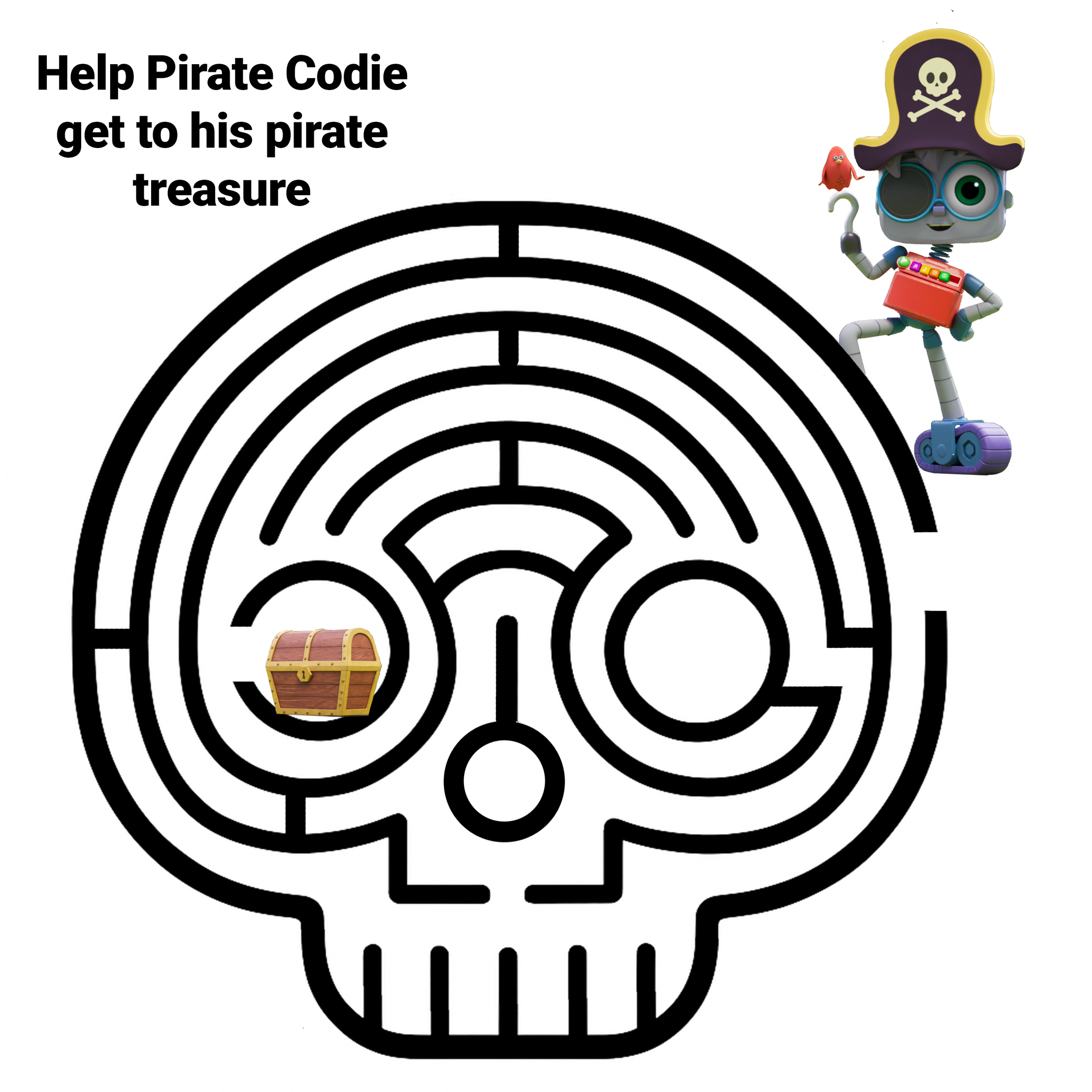 Maze puzzle with a treasure chest and a robot pirate with a eye patch and pirate hat