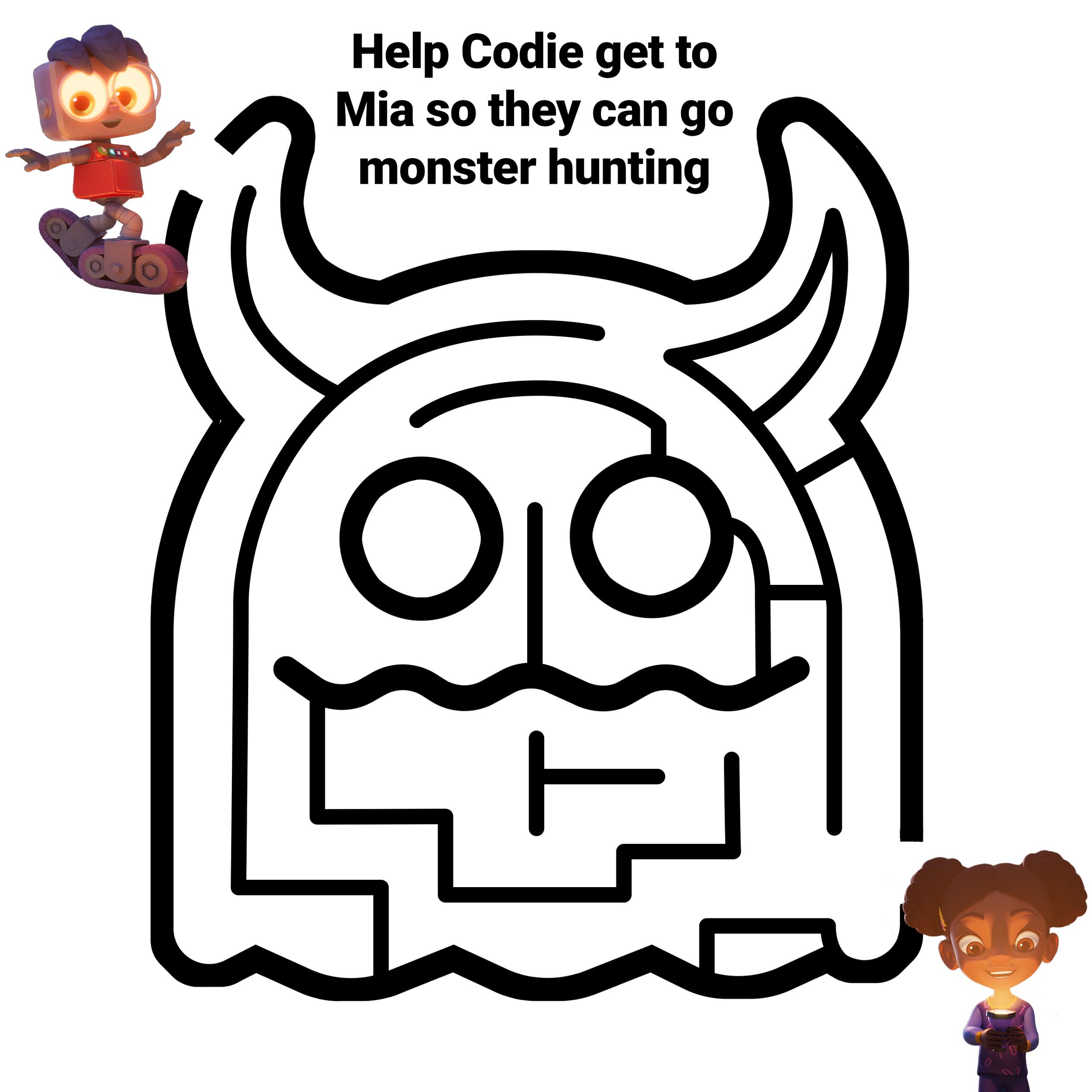 A black and white Halloween-themed coloring page of a jack-o'-lantern with horns, with two cartoon characters from Roblox, one in the top left corner and one in the bottom right corner, and a message that says help Codie get to Mia so they can go monster hunting.