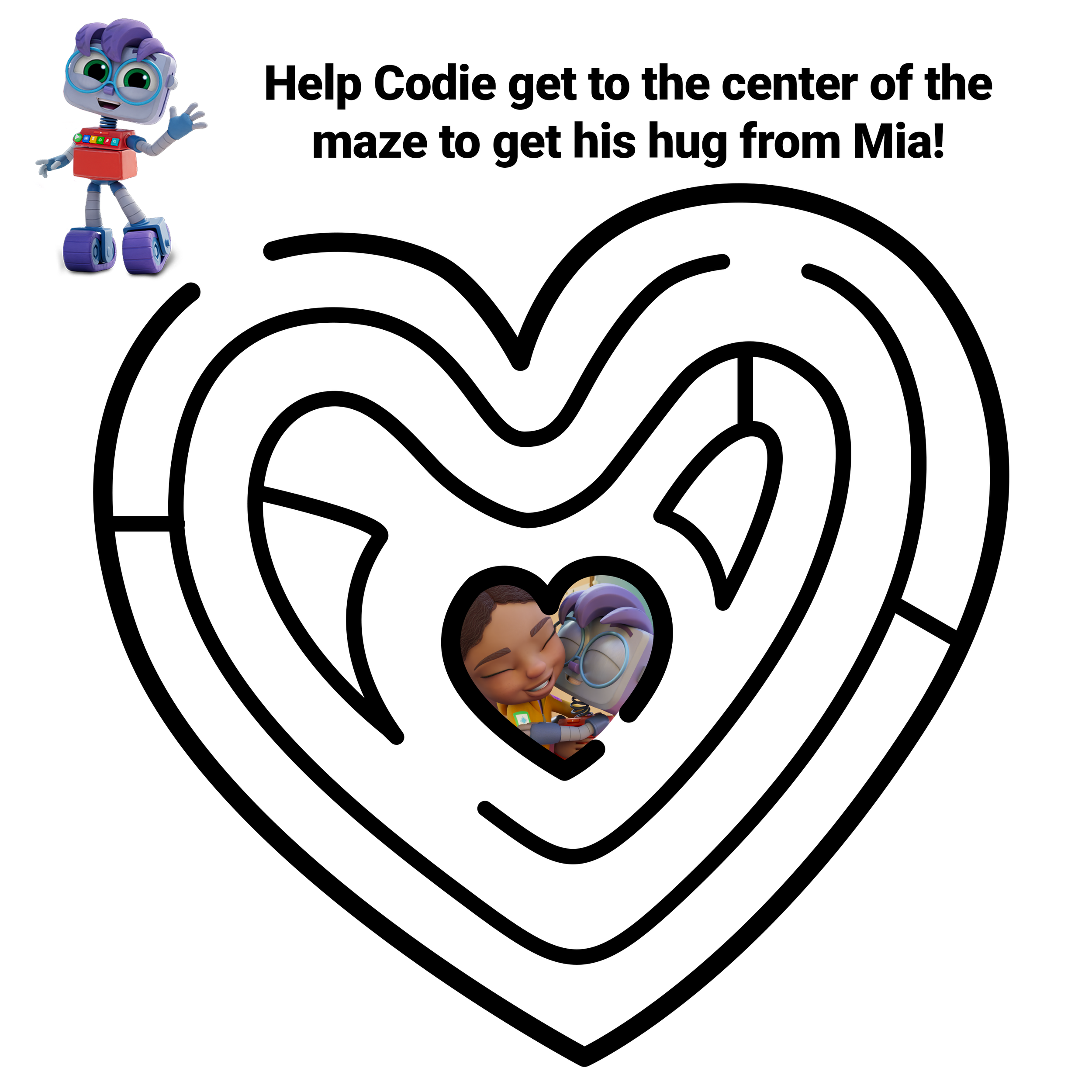 A black and white maze with a heart shape, featuring a photo of a smiling child hugging a robot in the center, and an animated robot character waving in the top left corner.
