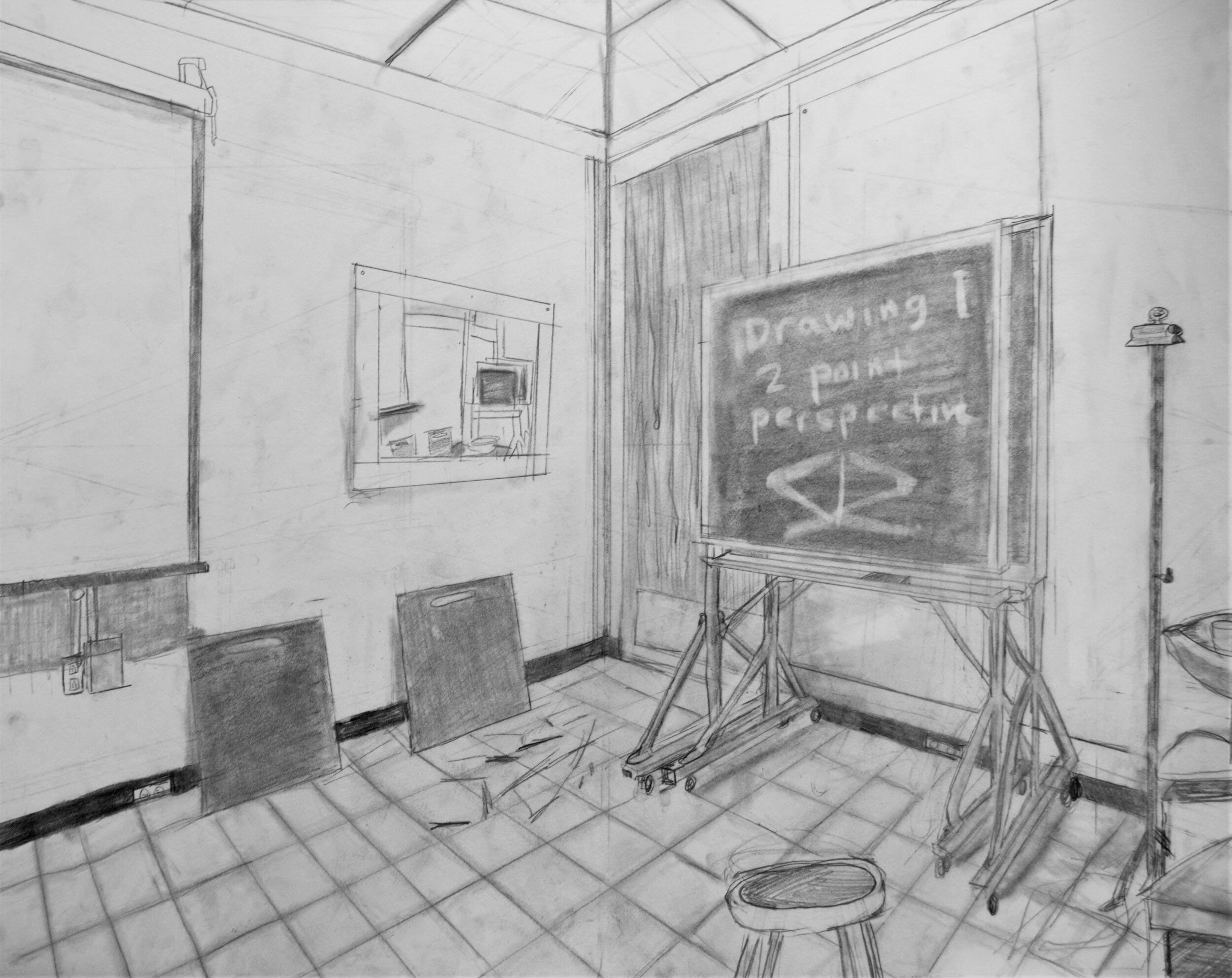  Students use two point perspective to develop a drawing from observation in a space, graphite on paper, 18x24 inches, Drawing I, 2019 