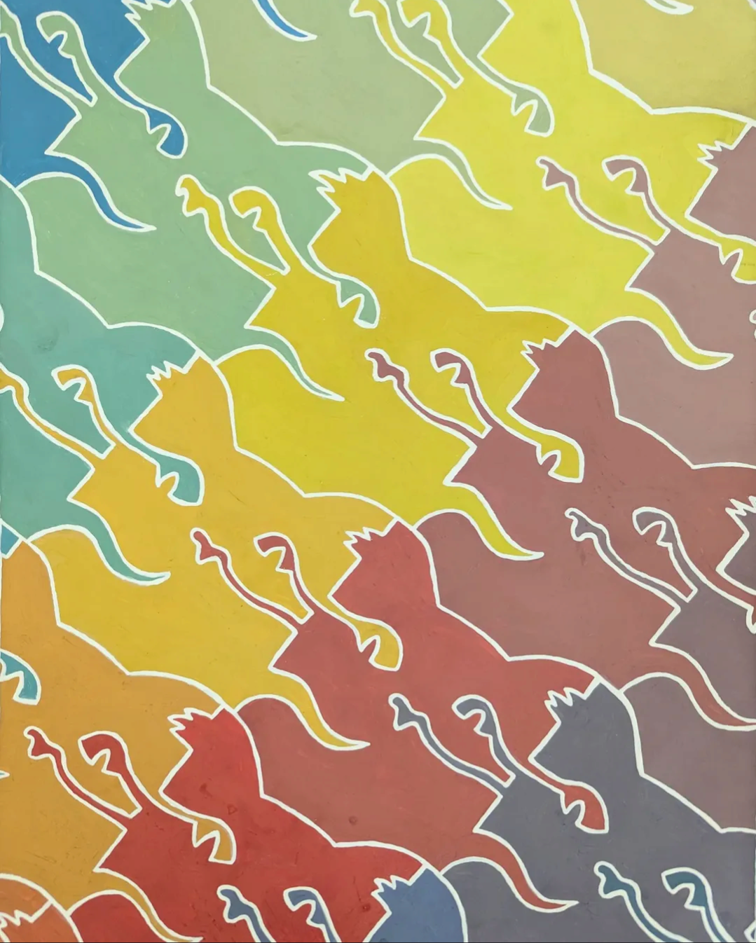  Purrrfect Tesselation, 9×12 inches, gouache on Bristol, 2025 