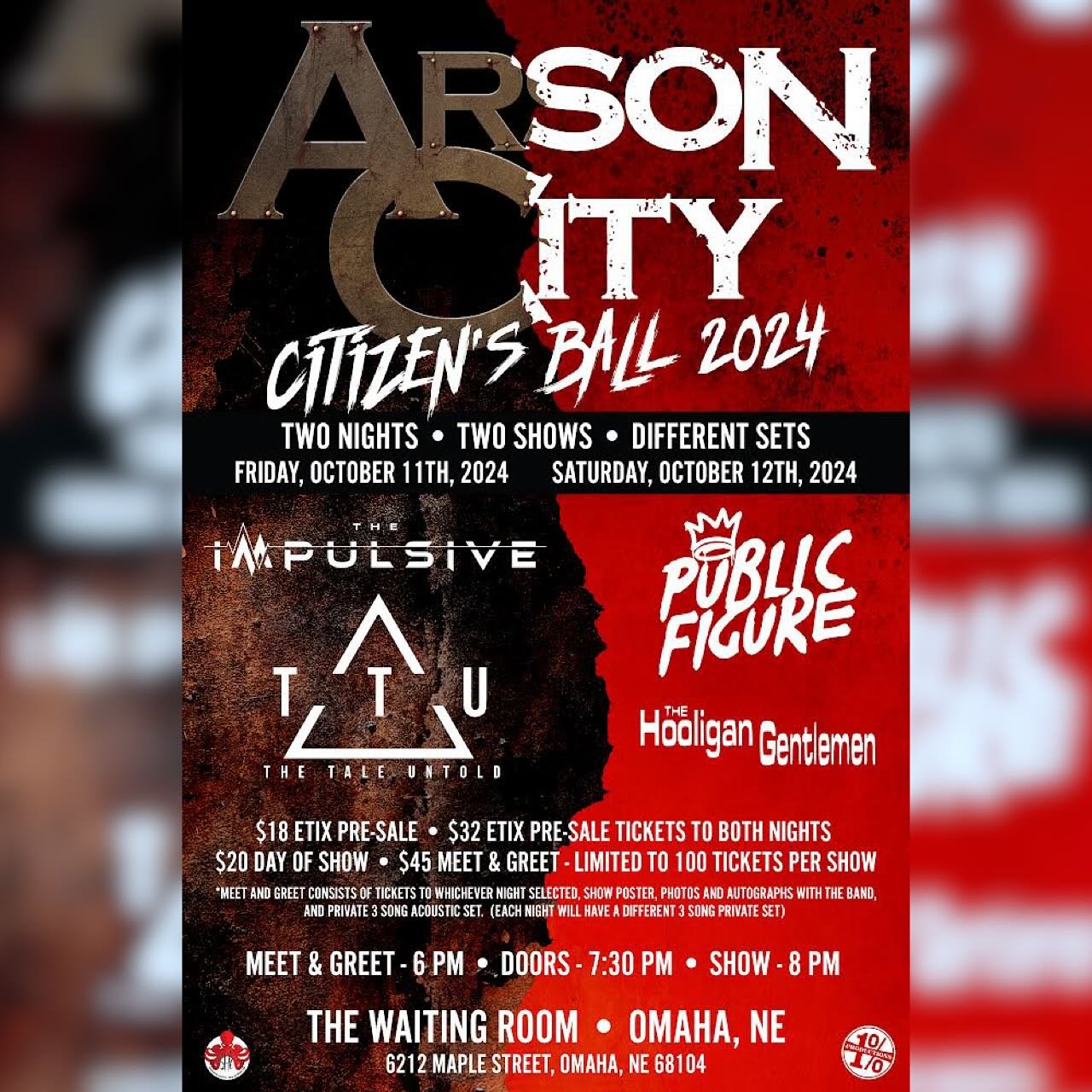 Citizen&rsquo;s Ball kicks off tonight!

Night 1 of Arson City featuring The Impulsive and The Tale Untold. 

The Waiting Room is the place to be. Doors open around 7!

🔥🖤🤘🏻🖤🔥
