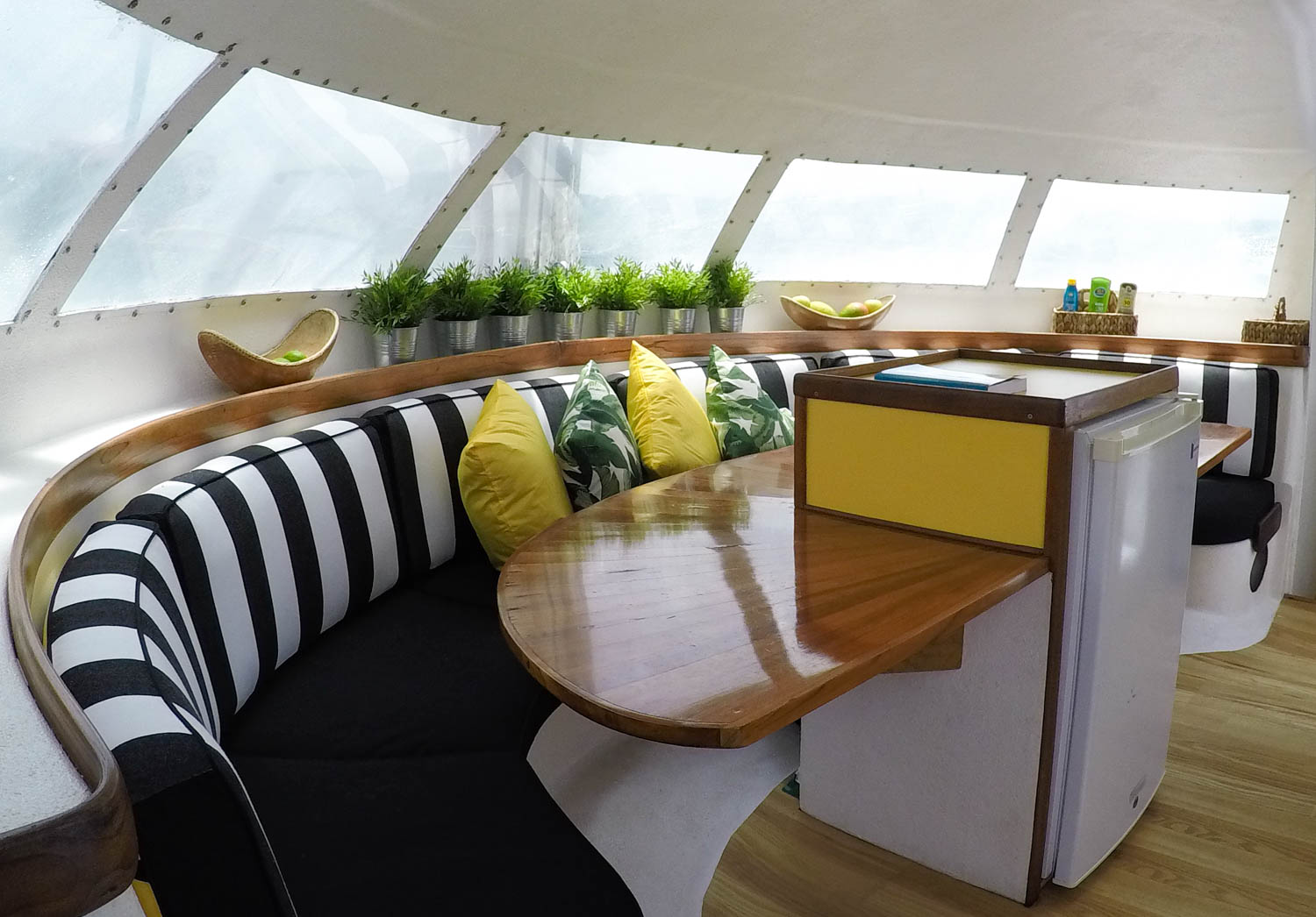 Spacious galley and seating salon.