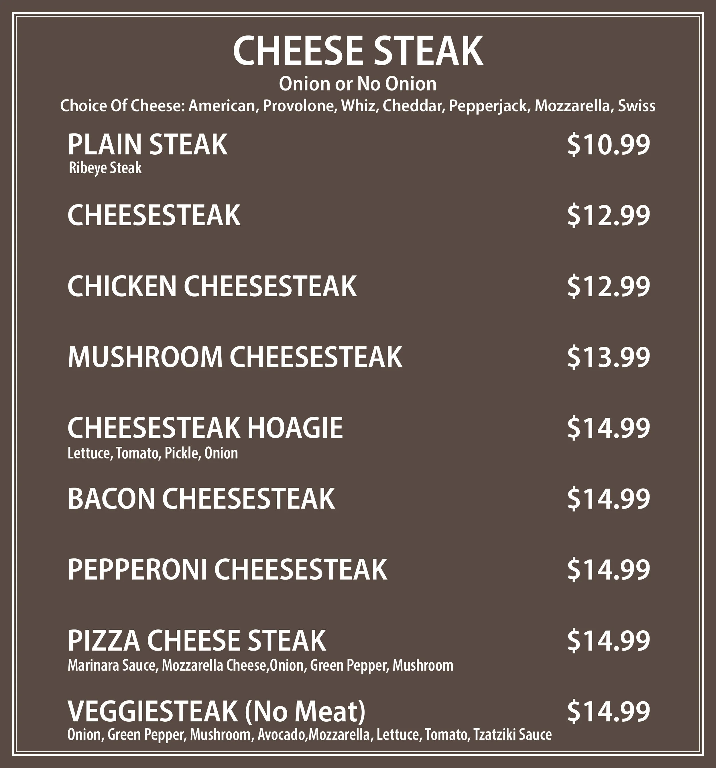Philly Menu Menu — Philly's Gourmet Steaks