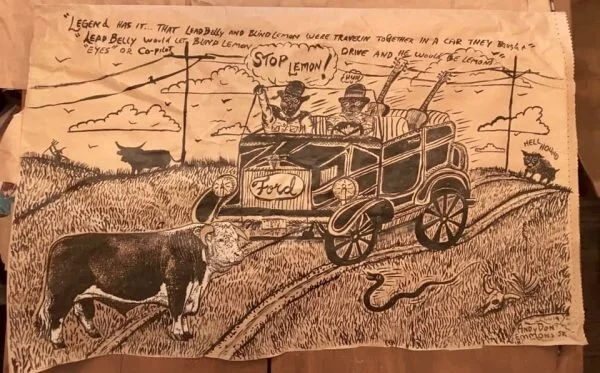 Andy Don Emmons, Lemon and Leadbelly. Collage and ink on paper feed sack. Though Blind Lemon acquired an automobile and a driver after his records began selling well, the artist’s light-hearted vision places Jefferson behind the wheel.