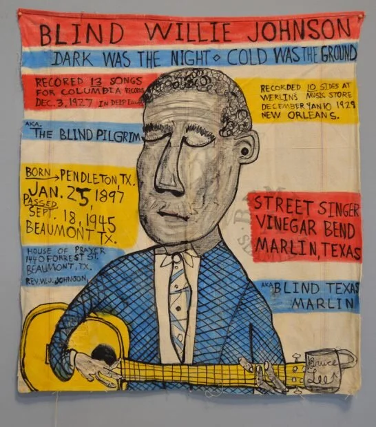 Bruce Lee Webb, Blind Willie Johnson. India ink and Higgins ink on Bemis seamless sack, Courtesy of Webb Gallery and Yard Dog Gallery.