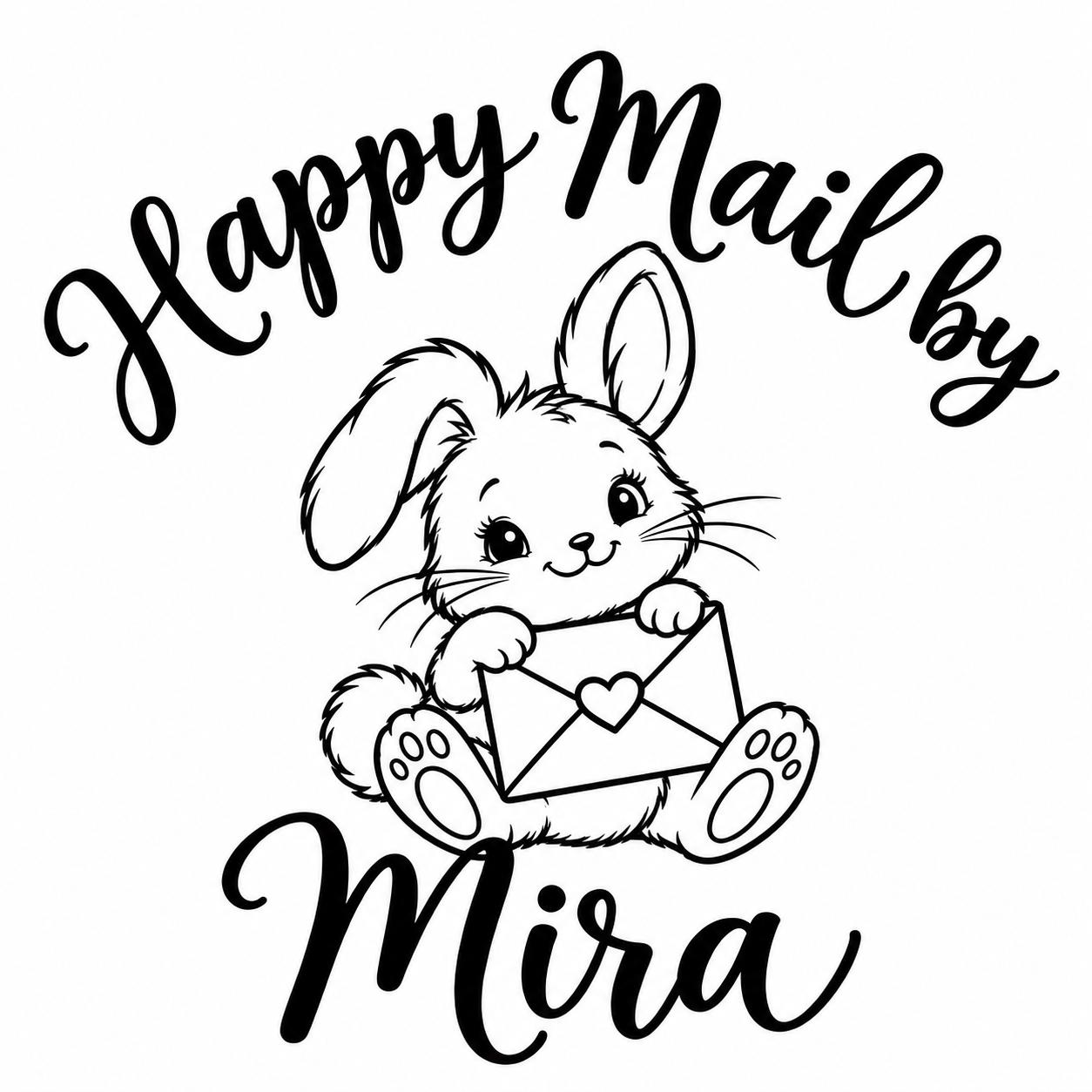 Bunny holding a heart-sealed envelope, with Happy Mail by above and example name Mira below