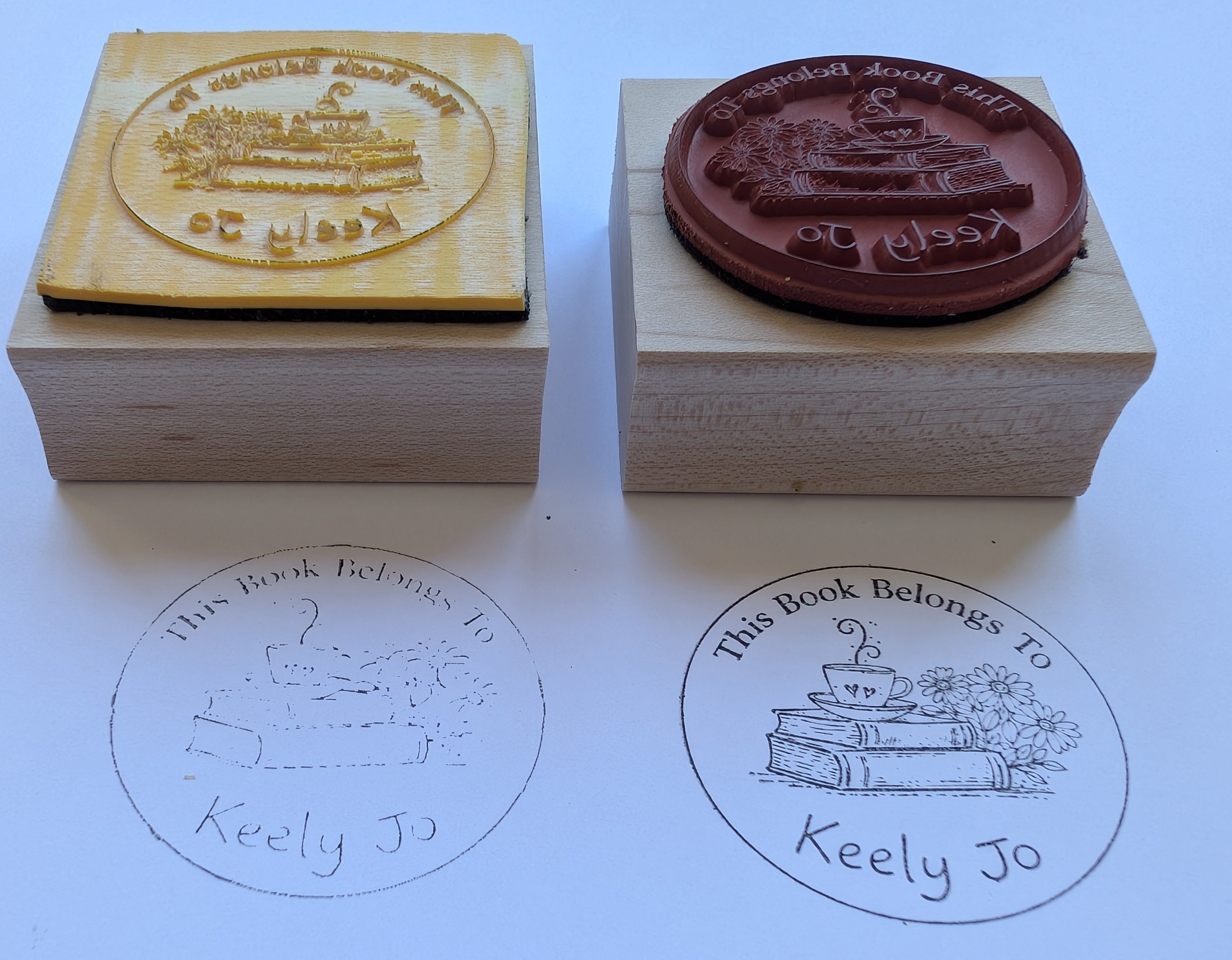 Laser-engraved rubber stamp versus deep-etched vulcanized rubber stamp — same design file, side-by-side impression comparison showing the difference in detail and clarity