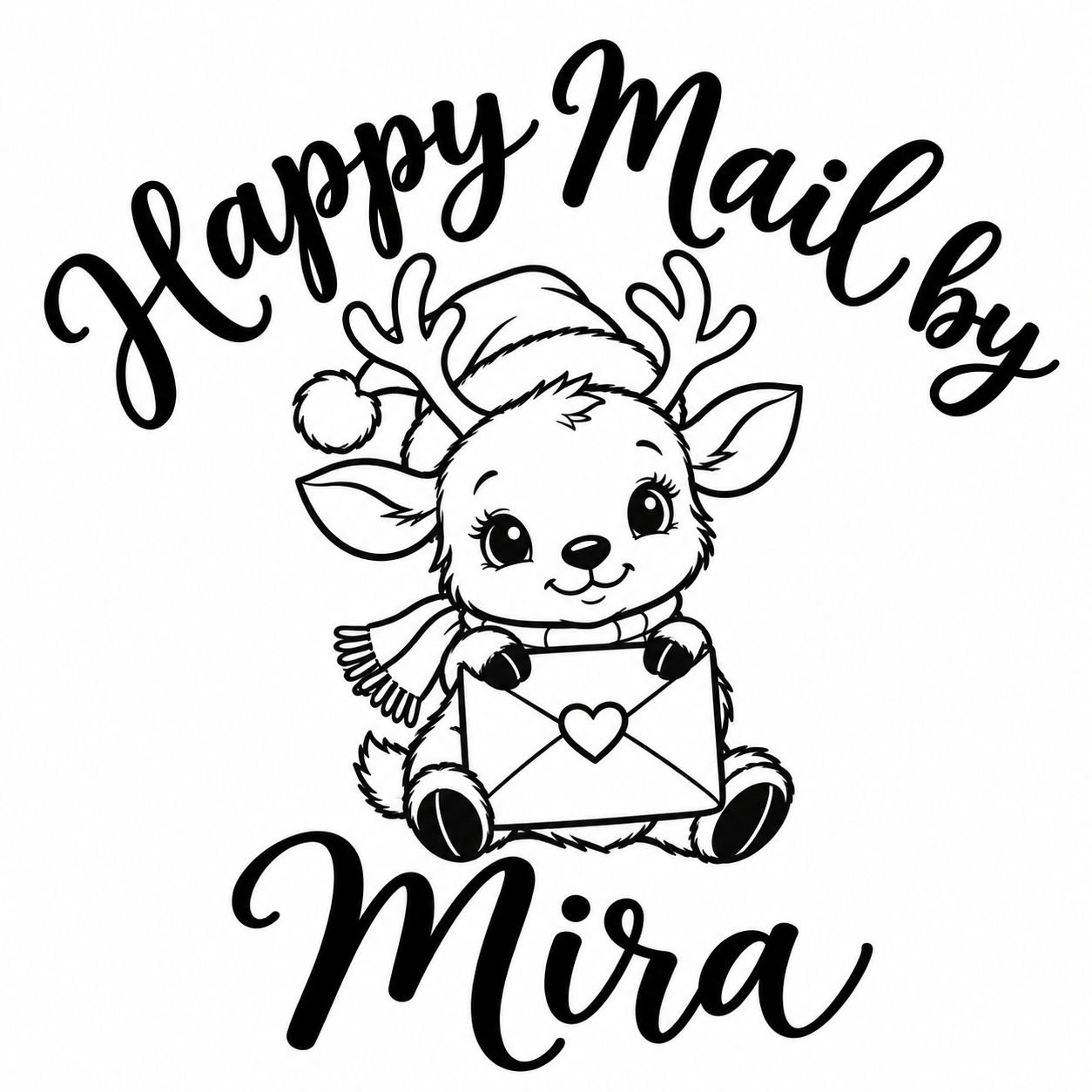 Christmas reindeer in a scarf and Santa hat holding a heart-sealed envelope, with Happy Mail by above and example name Mira below