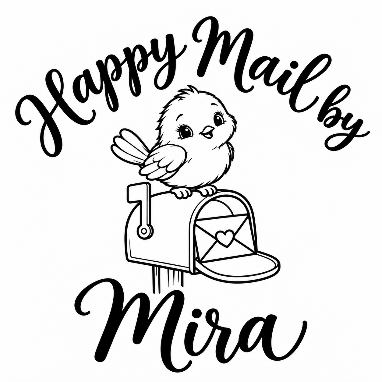 Robin perched on a mailbox with a heart-sealed envelope, with Happy Mail by above and example name Mira below