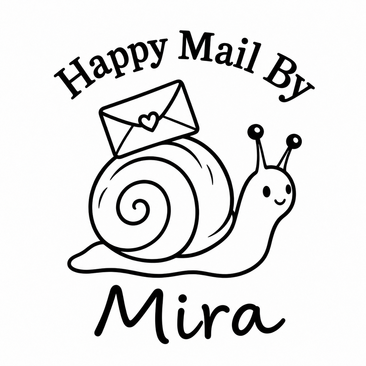 Smiling snail carrying a heart-sealed envelope with Happy Mail By above and sample name Mira below