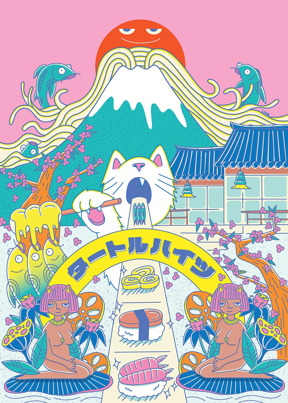 Tokyo madness - koi, ramen noodles, mt Fuji, neko girls, lucky cat, dango, sakura, and temples