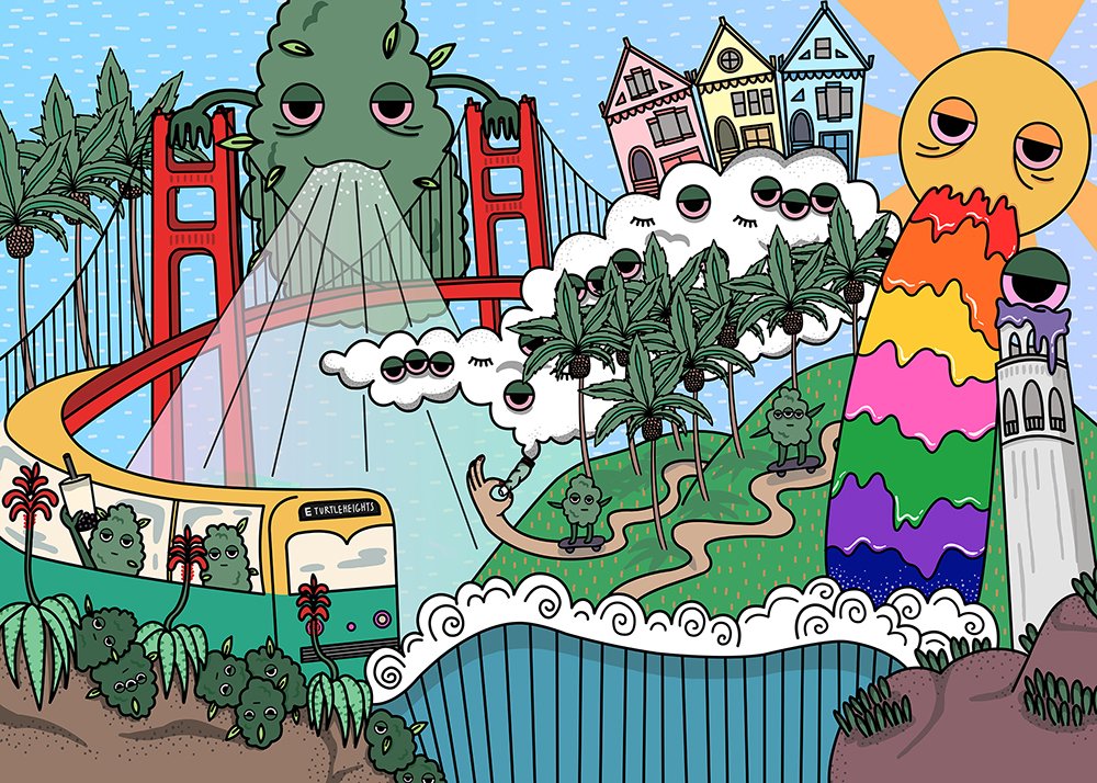 San Funcisco - Golden Gate Bridge, Dolores Park, sun barfing rainbow, Coit Tower, streetcar, Karl, Painted ladies, and the ocean.