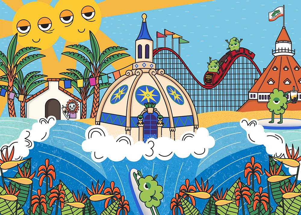 Sun Diego - Belmont Park, Coronado Hotel, Old Town, Balboa Park Museum of Us Building, and the ocean.