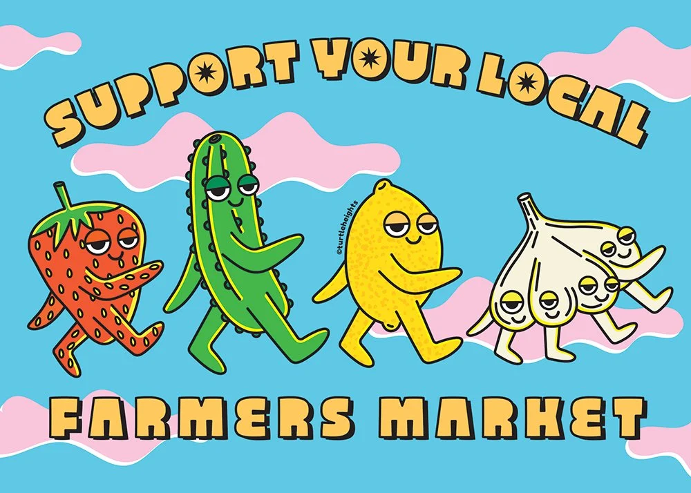Support your local farmers market! Marching strawberry, pickle, lemon and garlic.