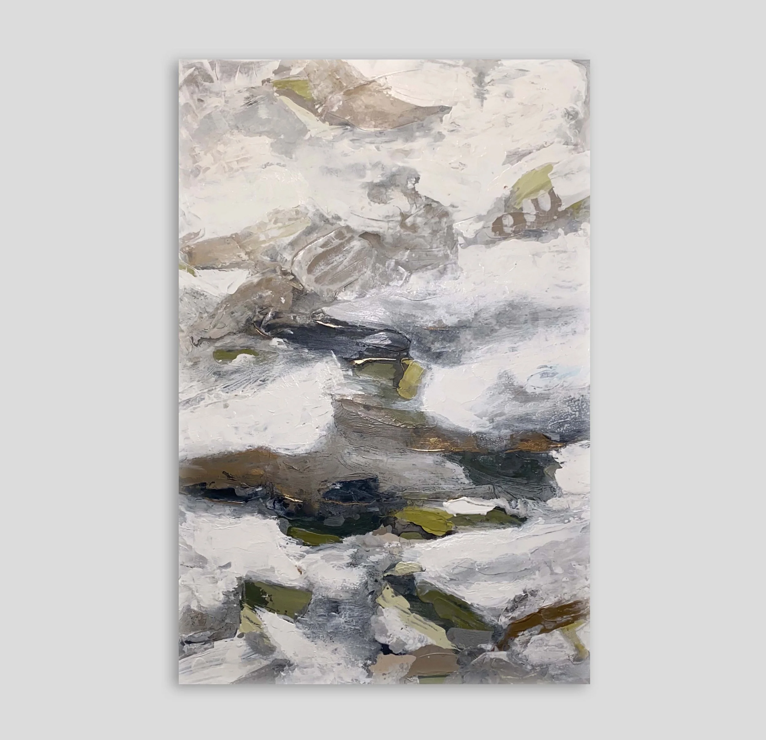 "SUMMIT WHISPERS"
24x36in | Original Acrylic Abstract Painting $1,120 - SOLD 1.5” Gallery Wrapped Cotton Canvas The mountain whispers, washing away secrets over broken ridges as the valley below listens softly. With every breaking path