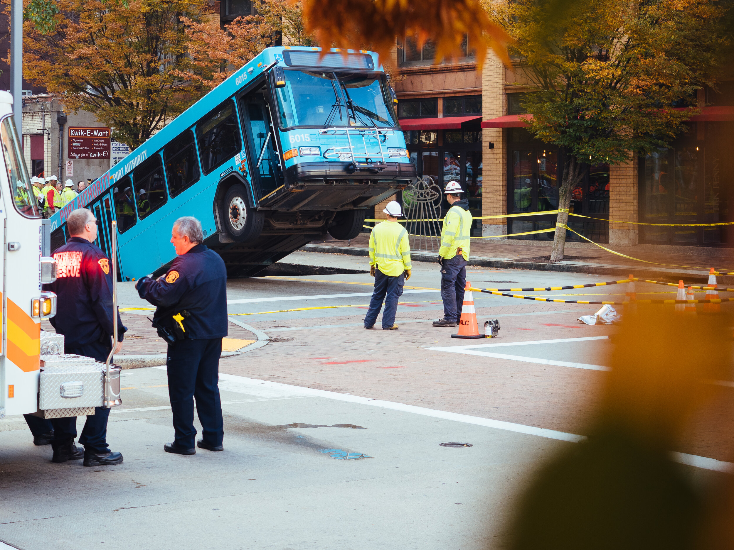  Port Authority bus 6015 fell in a sinkhole in Downtown Pittsburgh near the intersection of Penn Avenue and 10th Street on Oct. 28, 2019. 