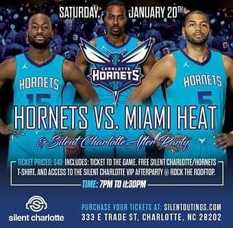 Check out the @hornets v @miamiheat game with a special vip silent afterparty! Tickets available at silentoutings.com!
#hornets #charlotte #miamiheat #nba #basketball #visitcharlotte #nightlife #northcarolina #sports #edm#house#hiphop#rap#throwbacks#