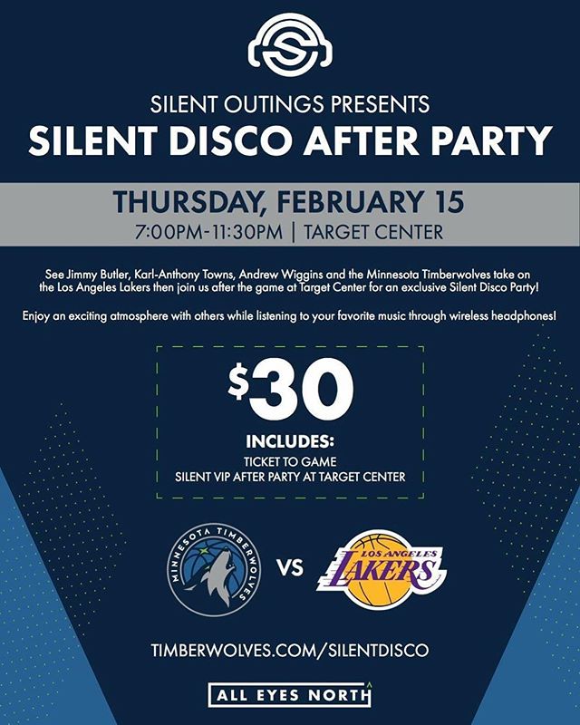 The wolves are coming! Click the link in bio for our upcoming game and silent after with the @timberwolves #timberwolves#lakers#nba#silentoutings#silentparty#nightlife#mineapolis #visitminnesota