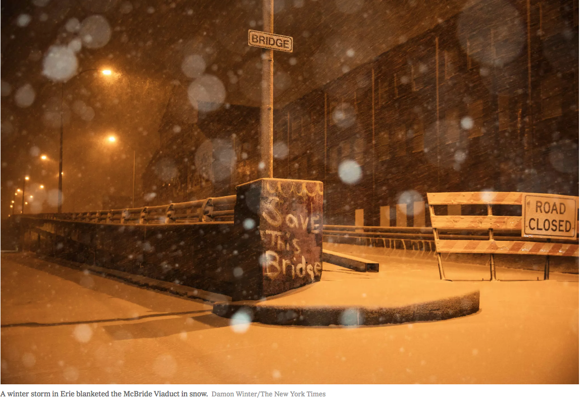 Northend of Erie's McBride Viaduct at East 12th and East Ave. photographed by Damon Winter in The New York Times story by Michael Kimmelman, " In Erie, One City Block is a Trek of Disrespect."