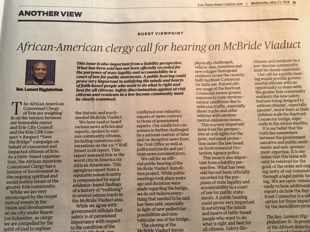 Erie Times-News, Wednesday, May 23, 2018, Page B-7, ANOTHER VIEW Guest Viewpoint by Rev. Lamont Higgenbottom.